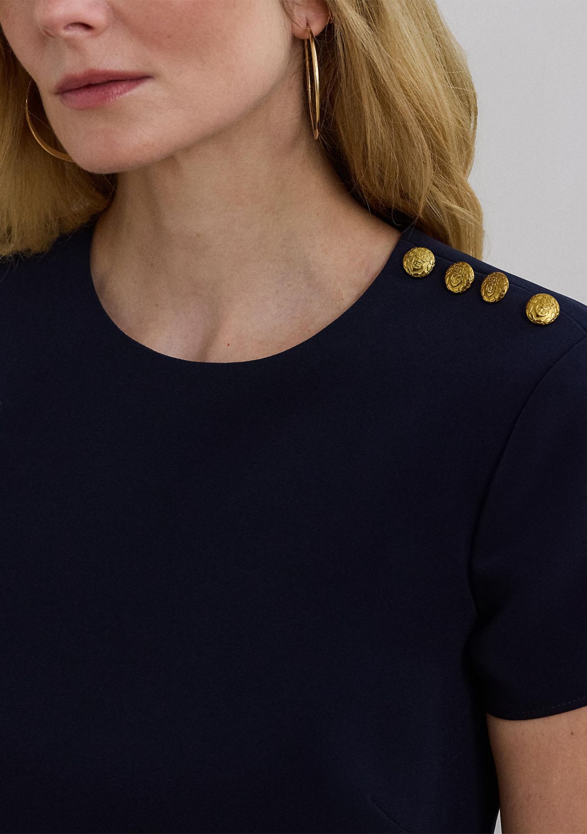 Two Tone Button Trim Crepe Shift Dress