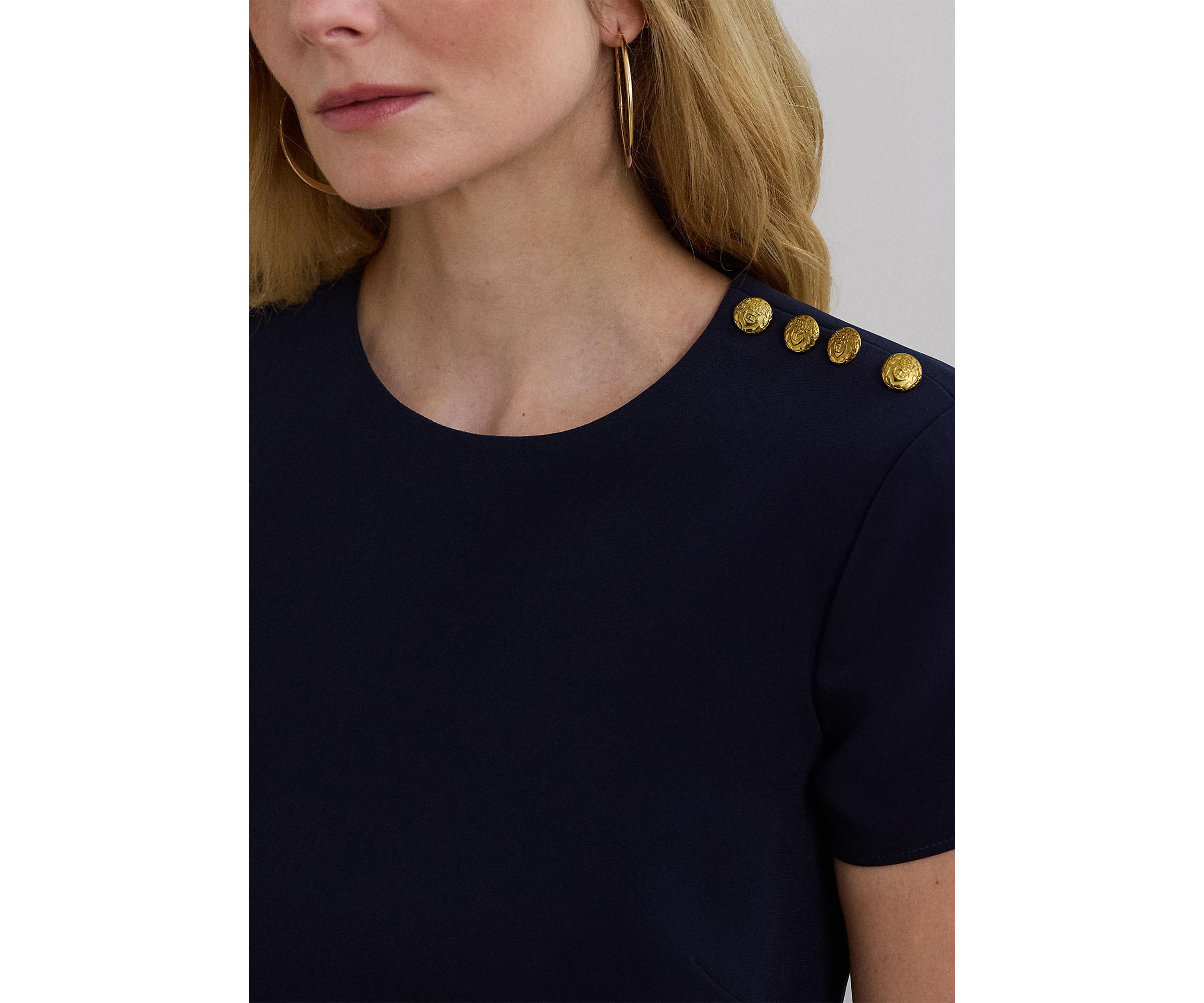 Two Tone Button Trim Crepe Shift Dress