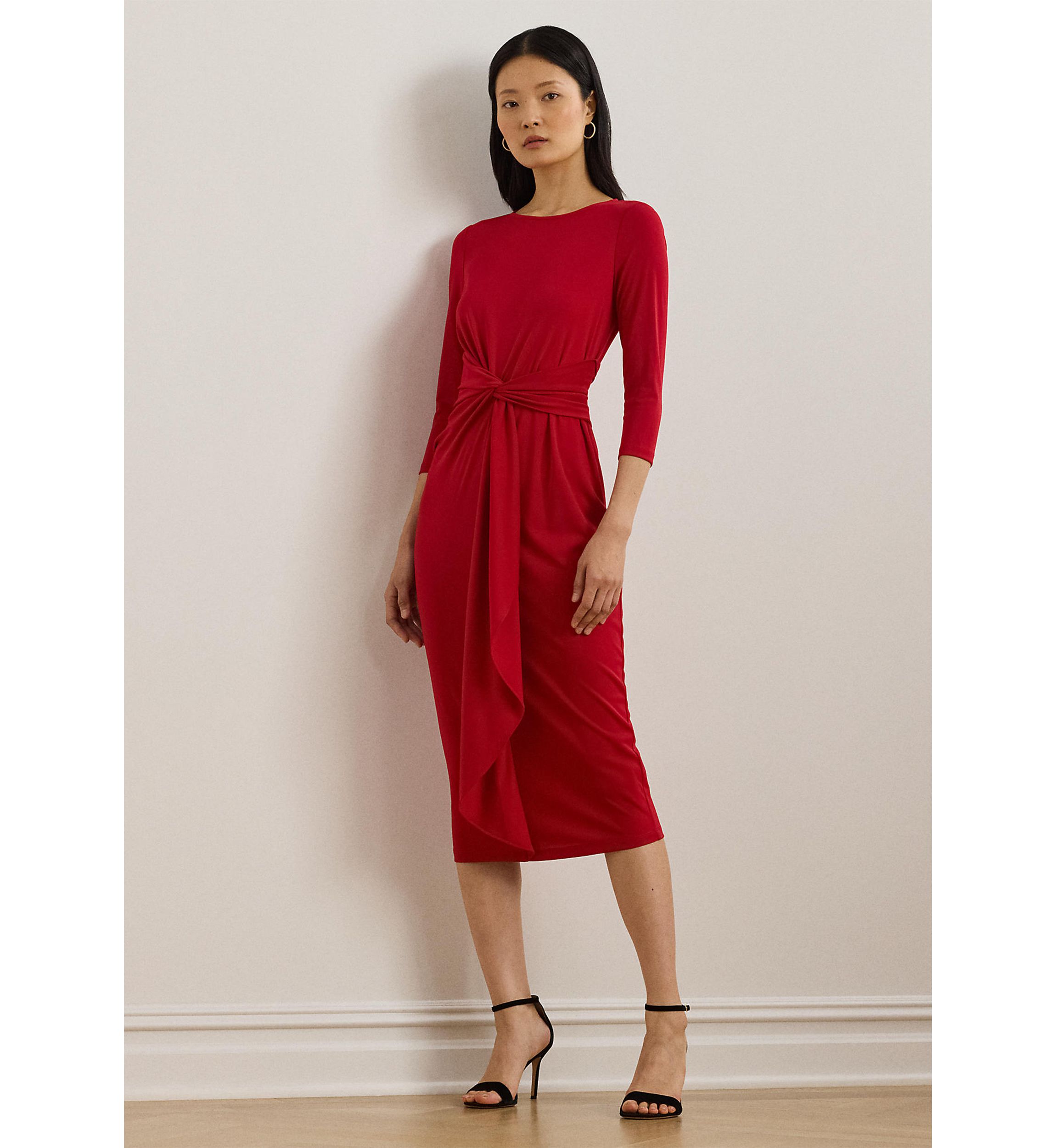 Twist Front Stretch Jersey Midi Dress