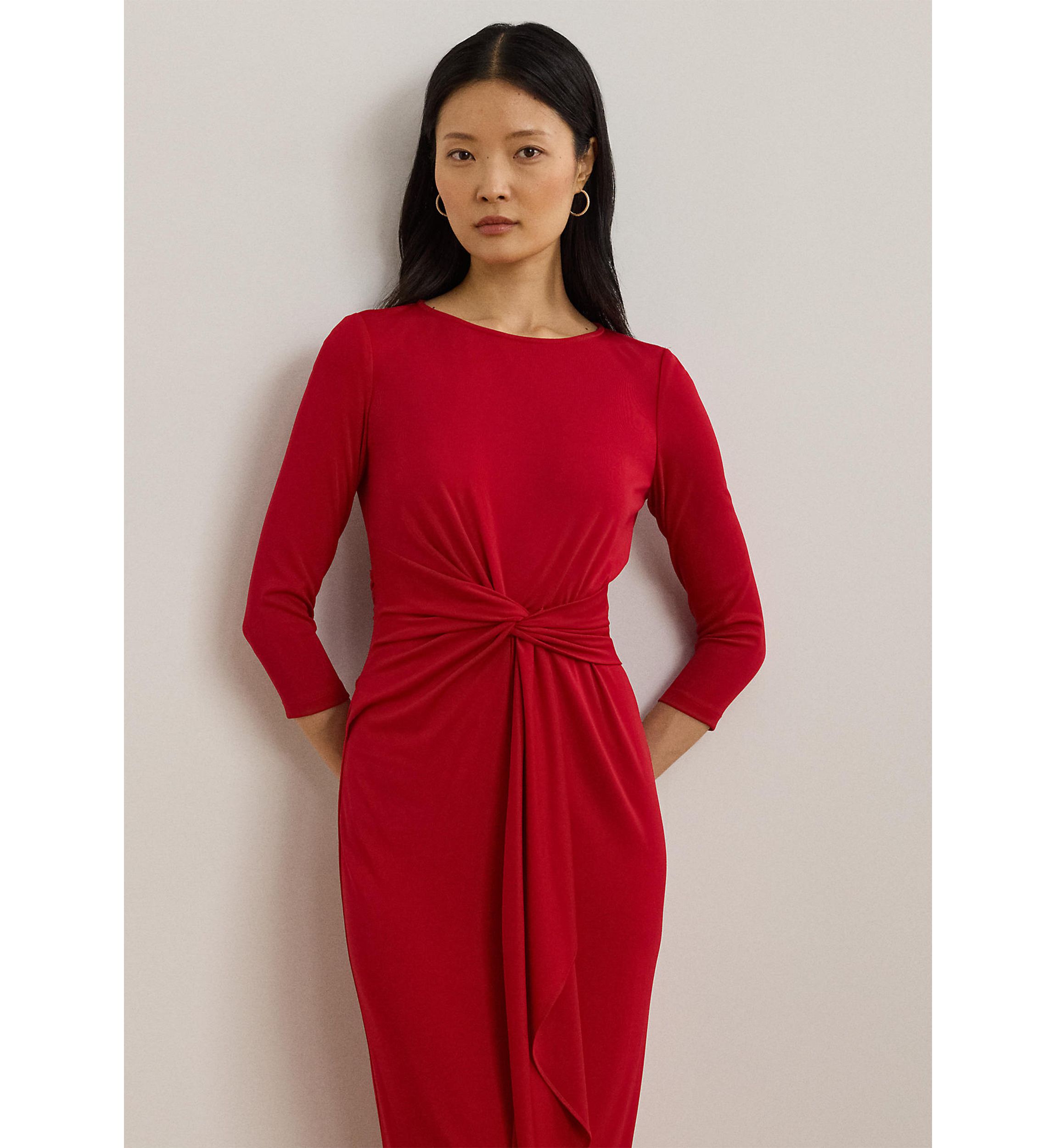 Twist Front Stretch Jersey Midi Dress
