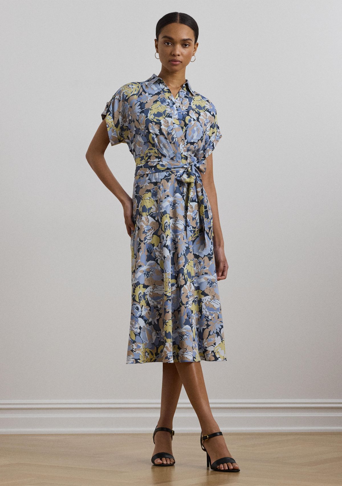 Womens Floral Belted Crepe Dress