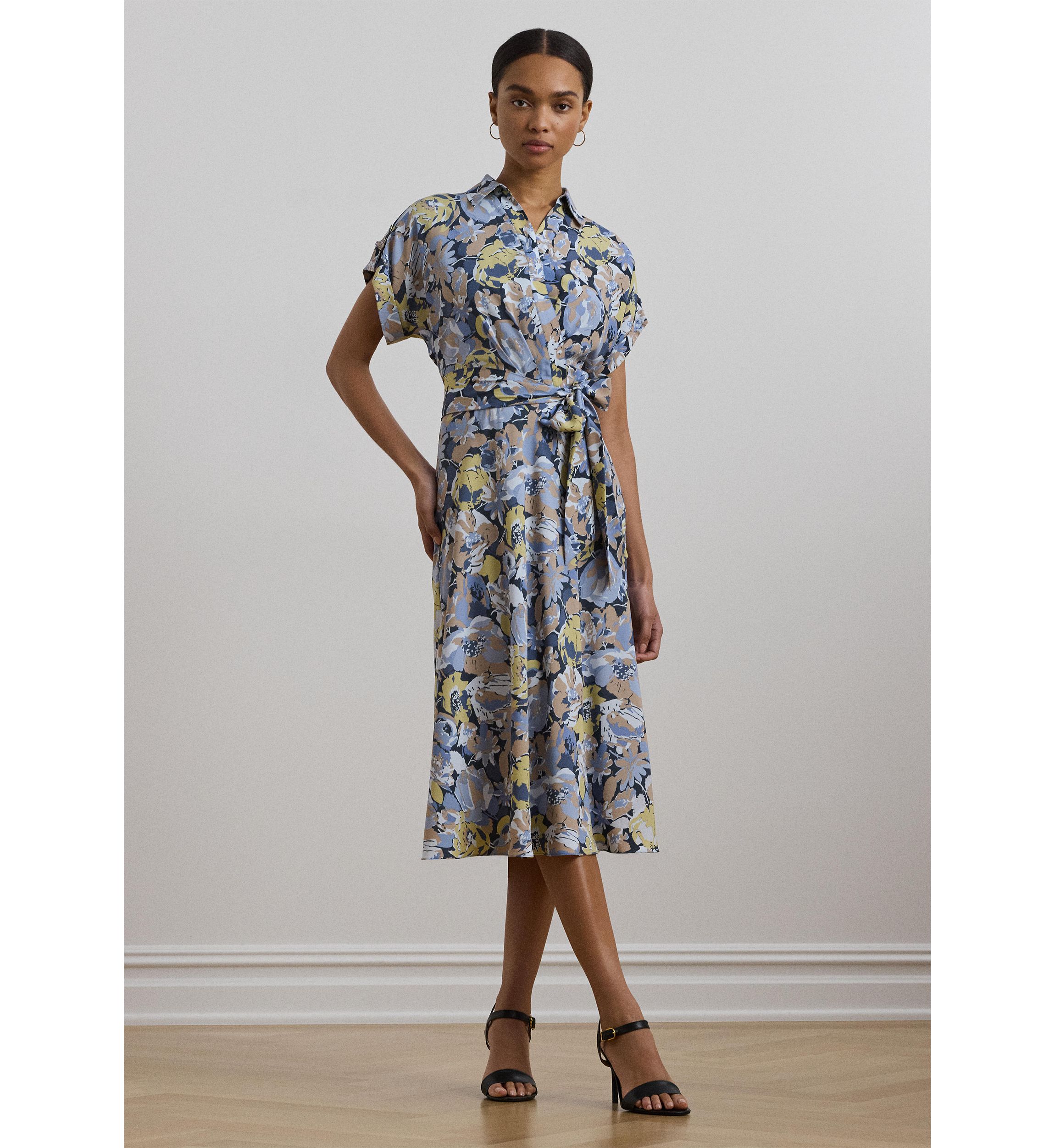 Womens Floral Belted Crepe Dress