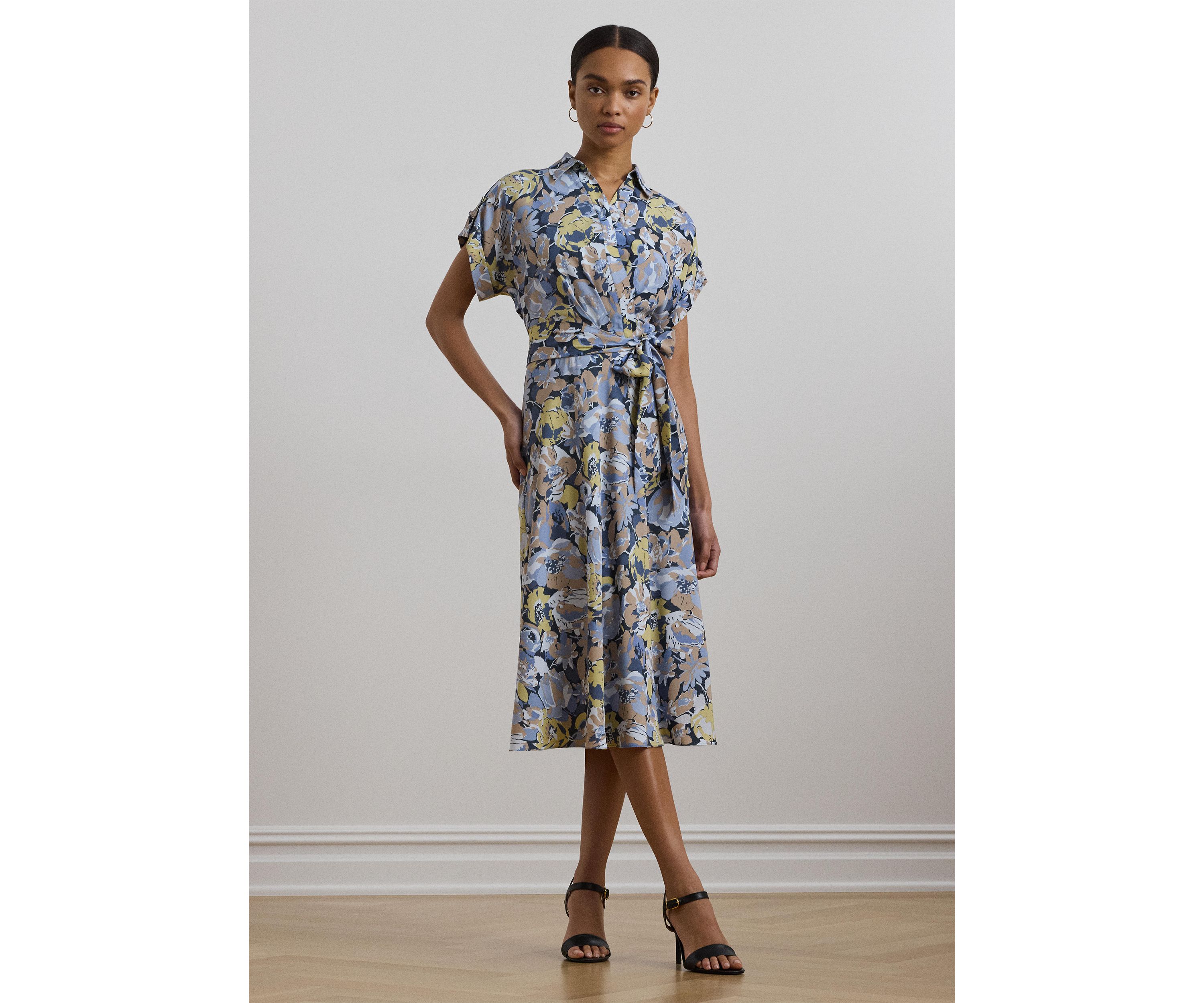Womens Floral Belted Crepe Dress