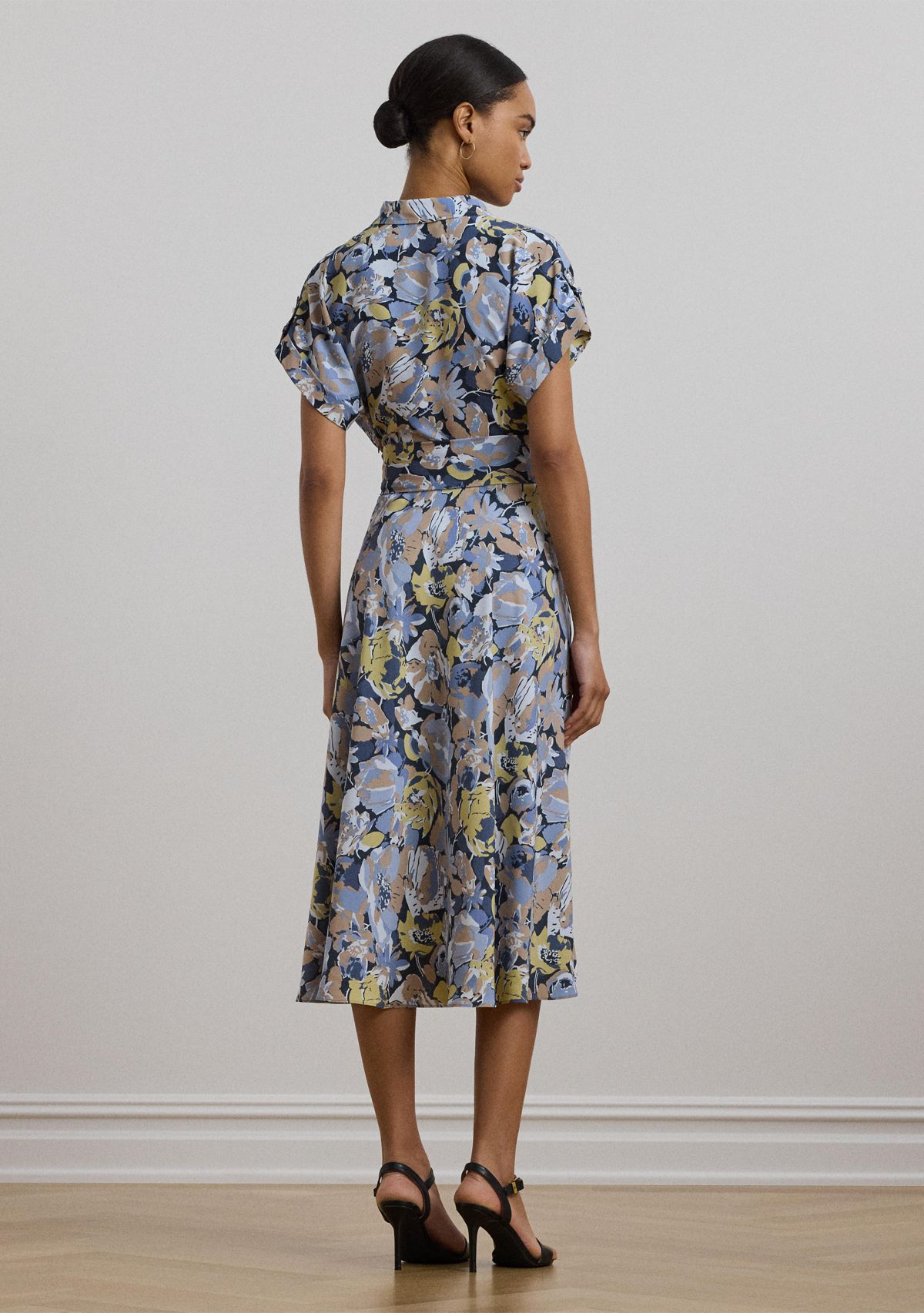 Womens Floral Belted Crepe Dress