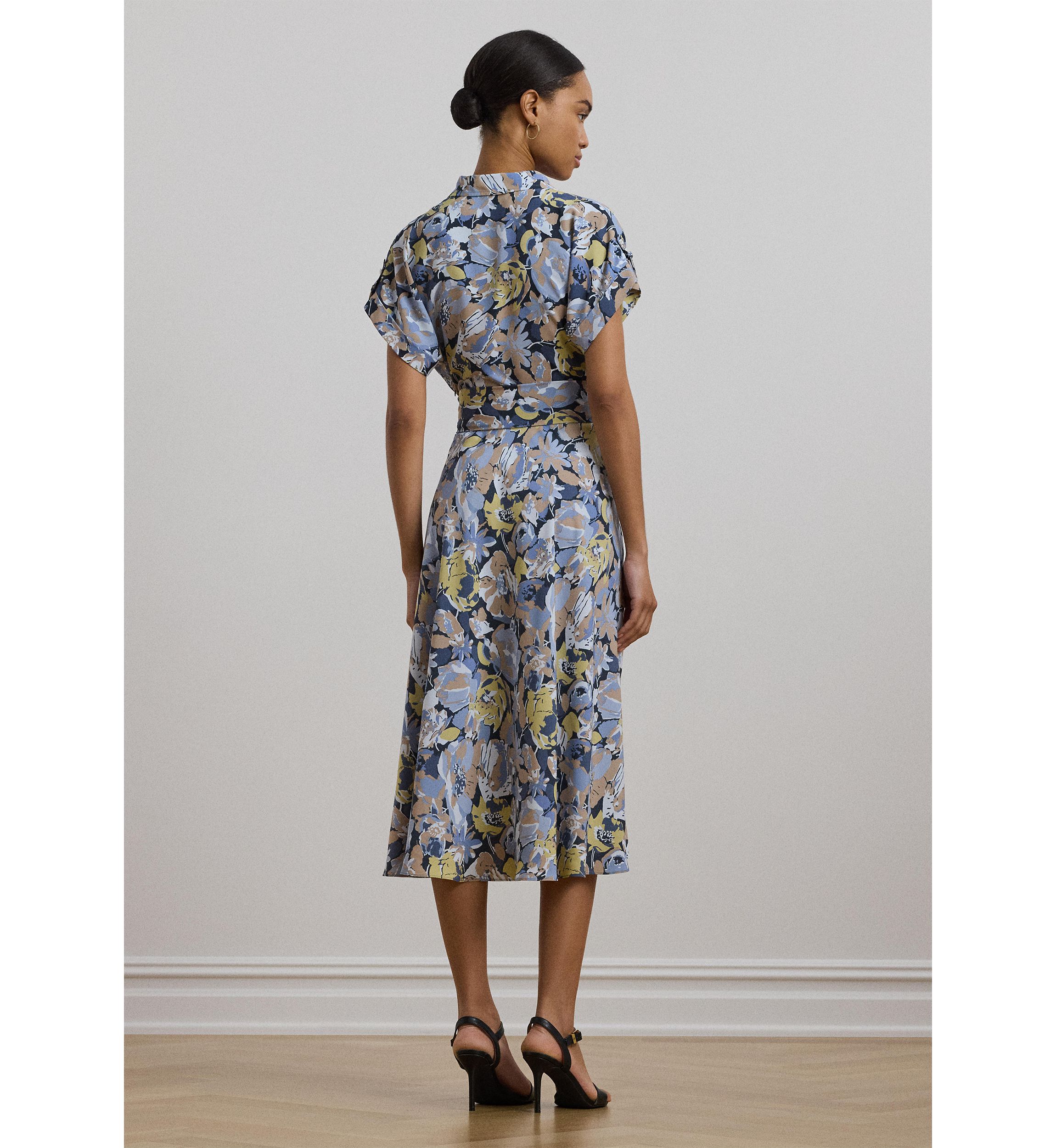 Womens Floral Belted Crepe Dress