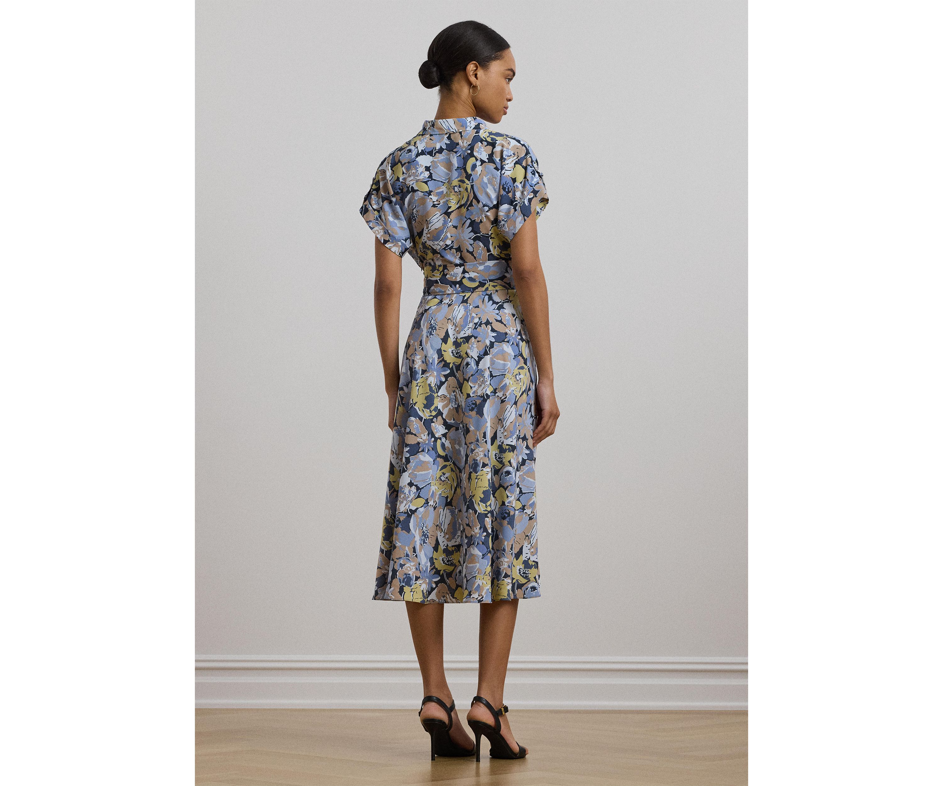 Womens Floral Belted Crepe Dress