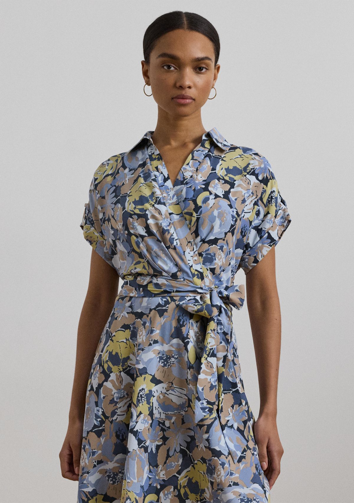 Womens Floral Belted Crepe Dress