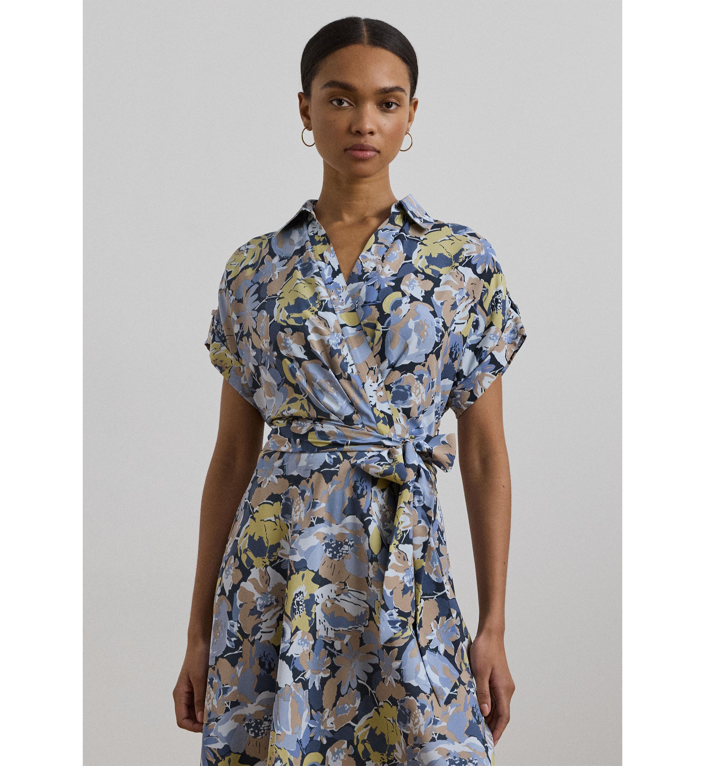 Womens Floral Belted Crepe Dress