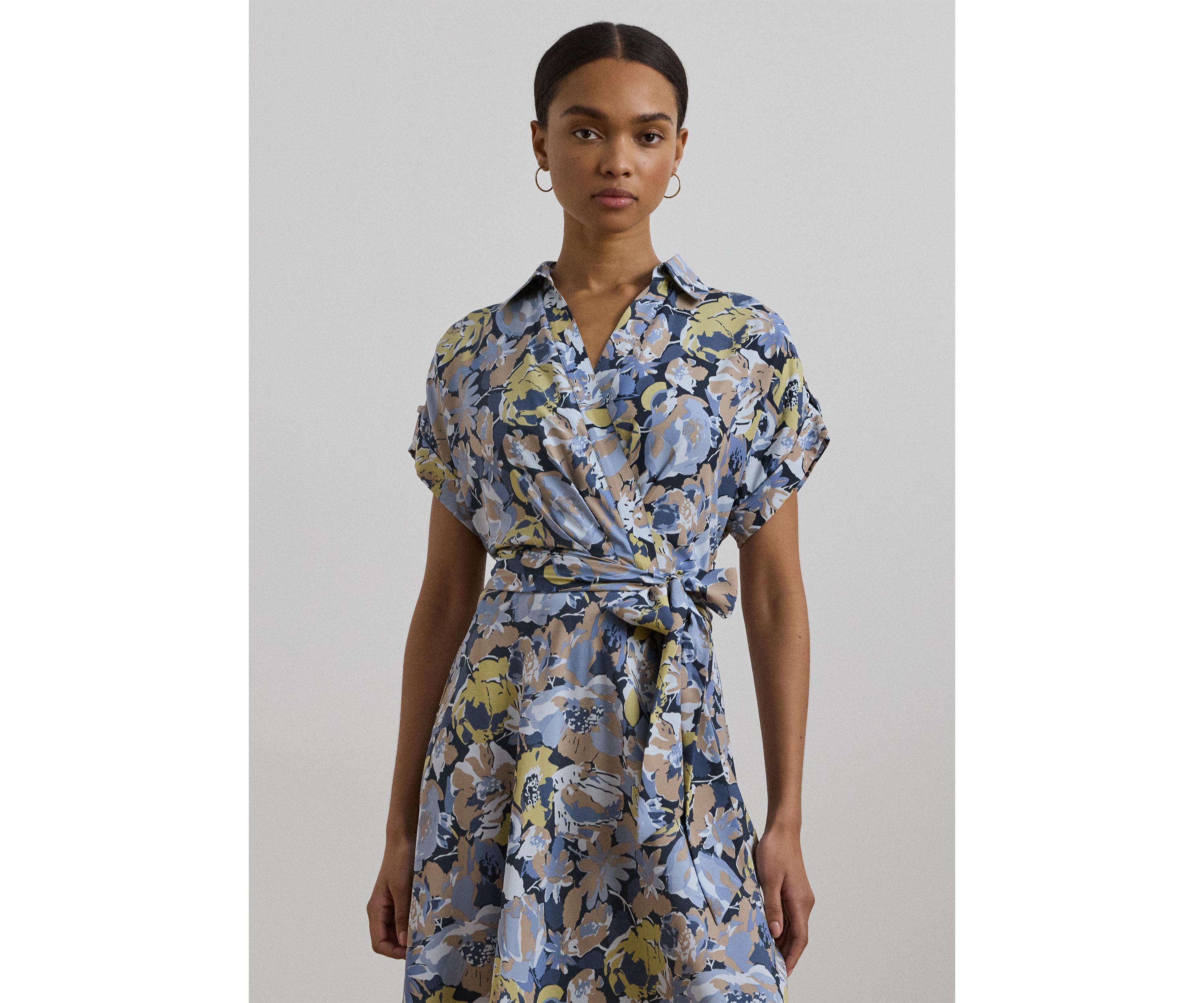 Womens Floral Belted Crepe Dress