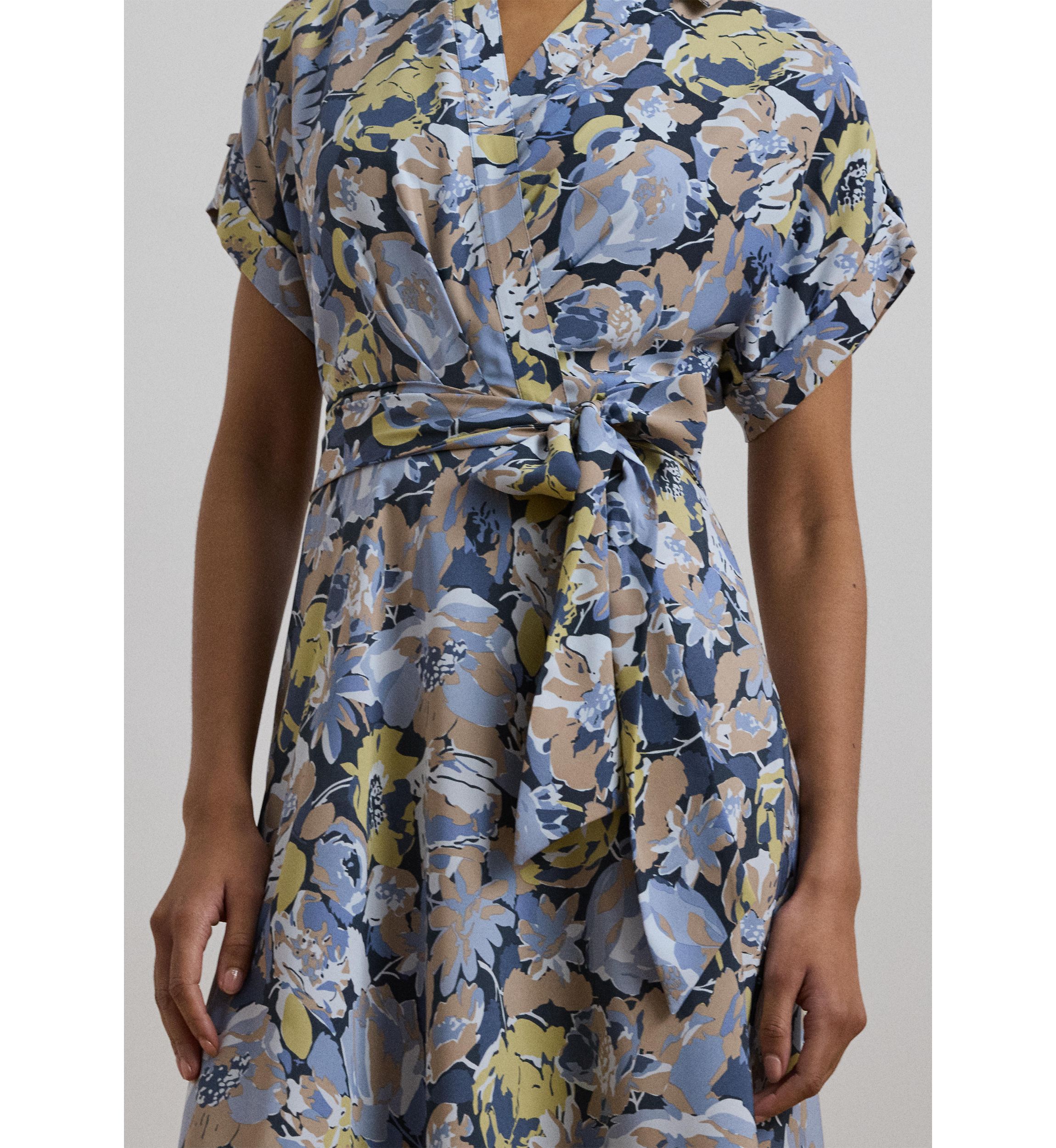 Womens Floral Belted Crepe Dress