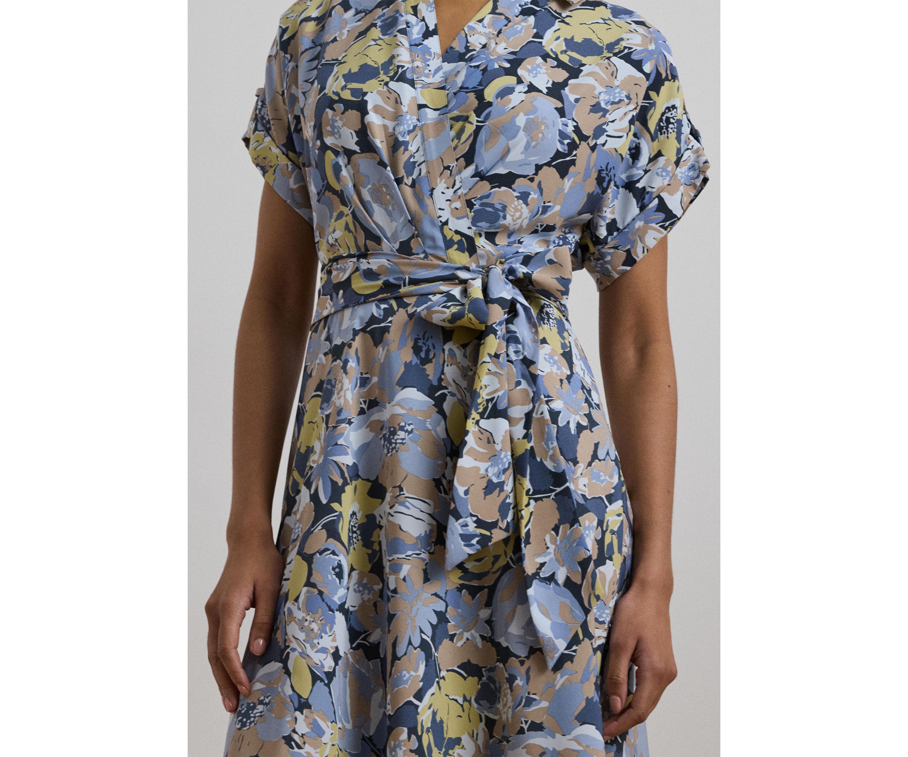 Womens Floral Belted Crepe Dress