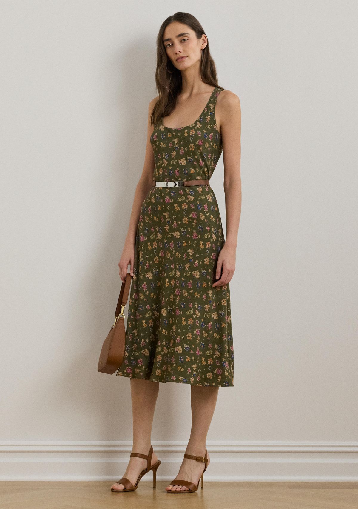 Womens Floral Belted Crepe Sleeveless Dress