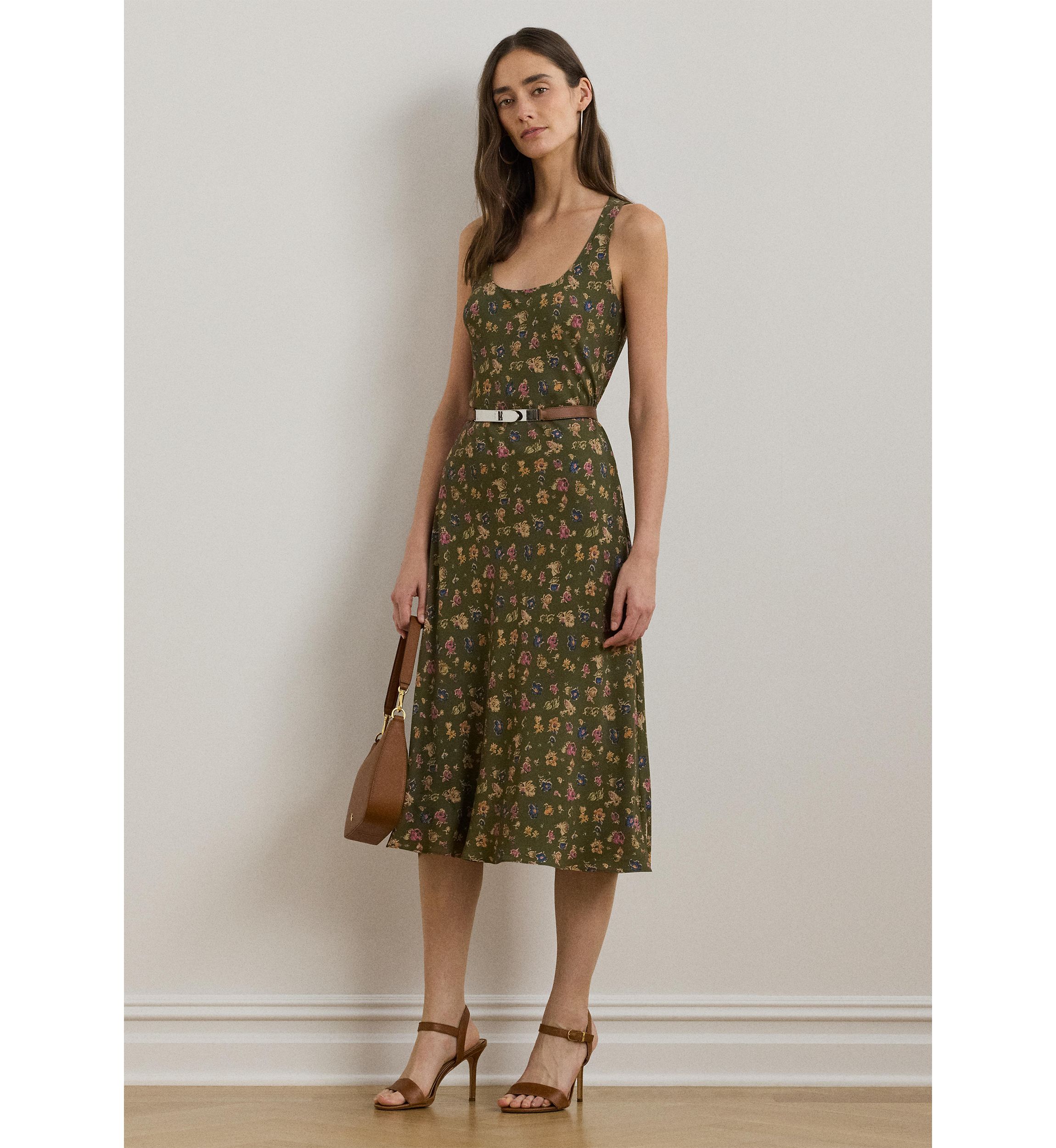 Womens Floral Belted Crepe Sleeveless Dress