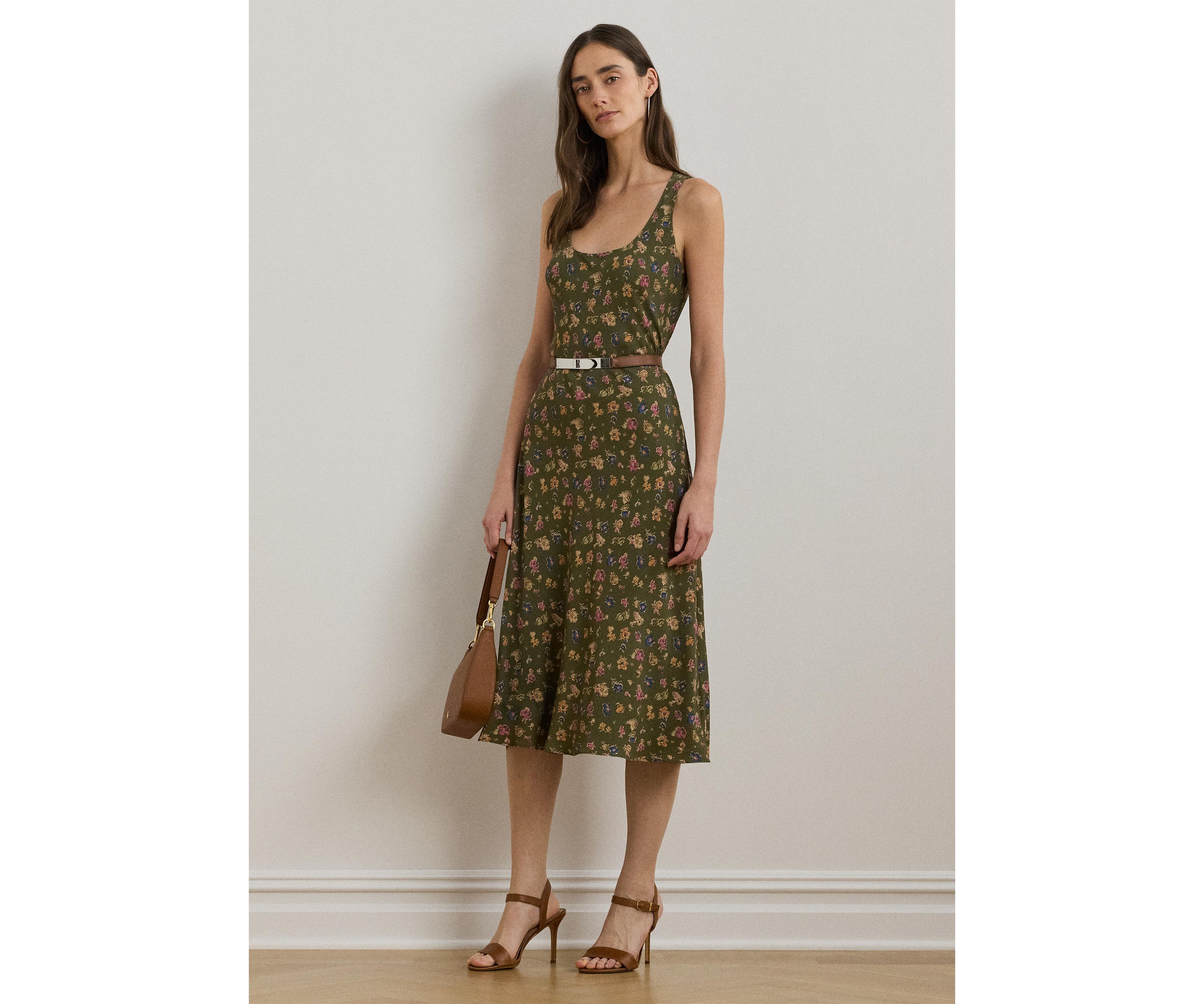 Womens Floral Belted Crepe Sleeveless Dress