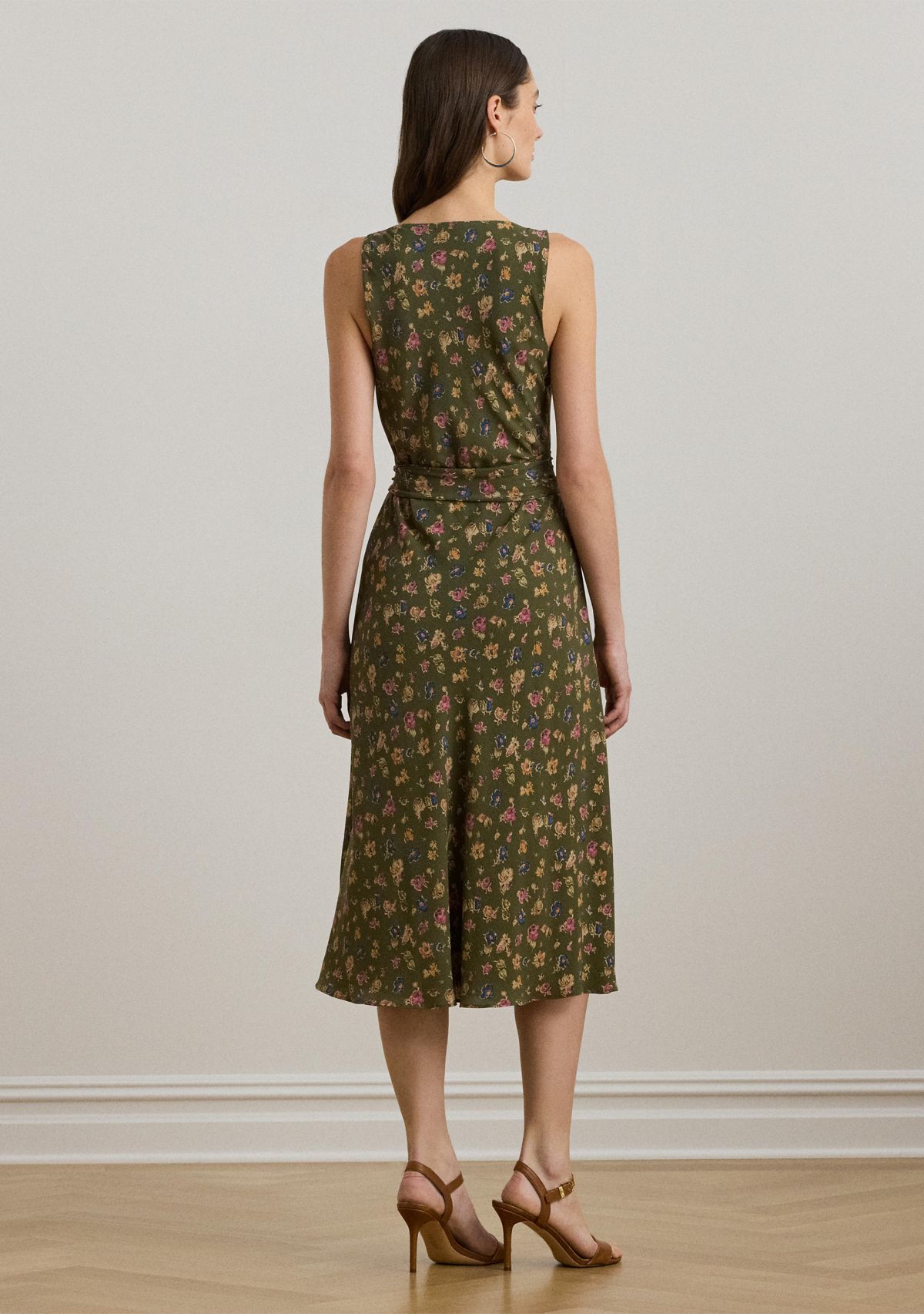 Womens Floral Belted Crepe Sleeveless Dress