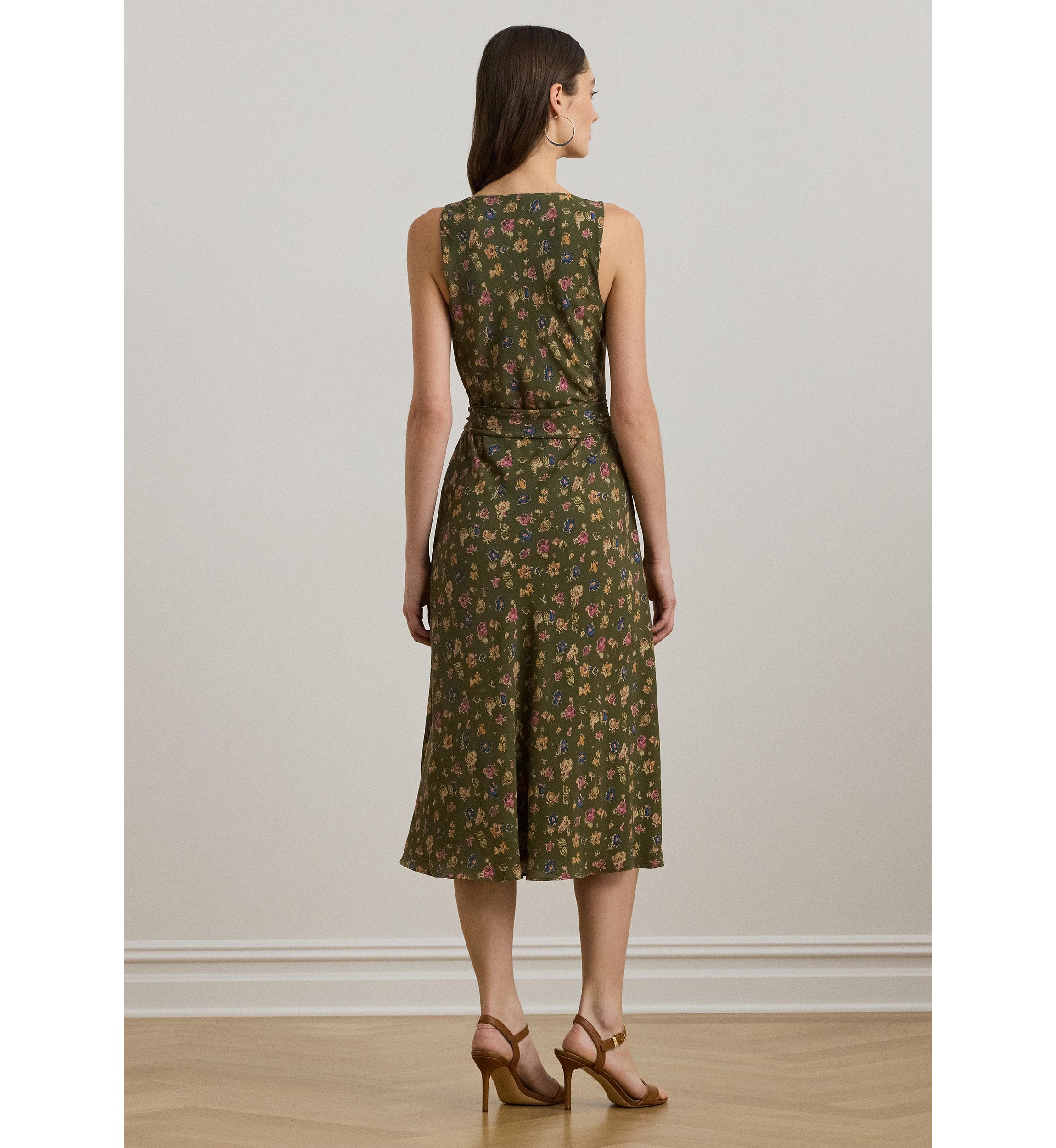 Womens Floral Belted Crepe Sleeveless Dress