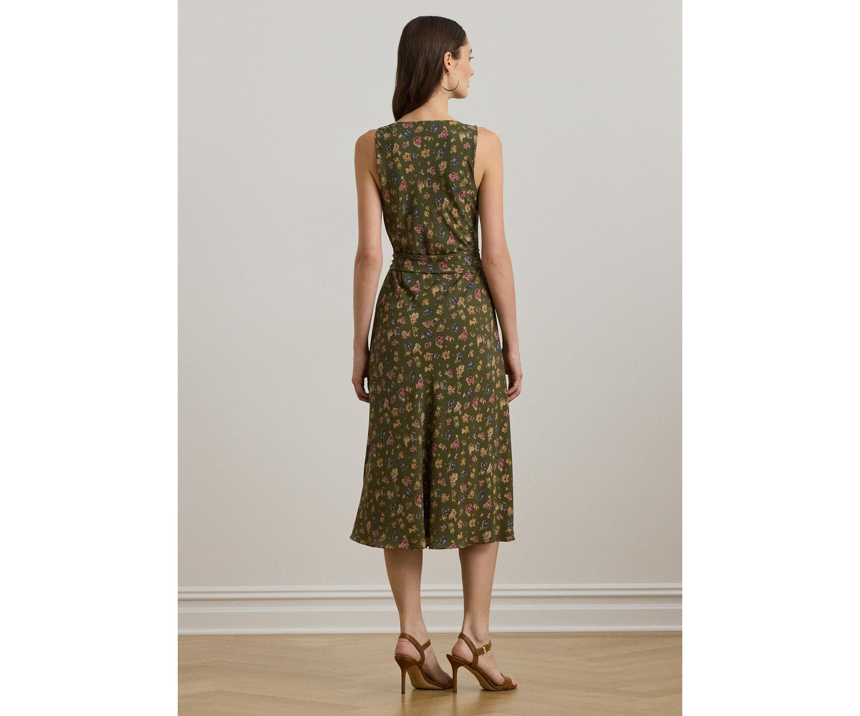 Womens Floral Belted Crepe Sleeveless Dress