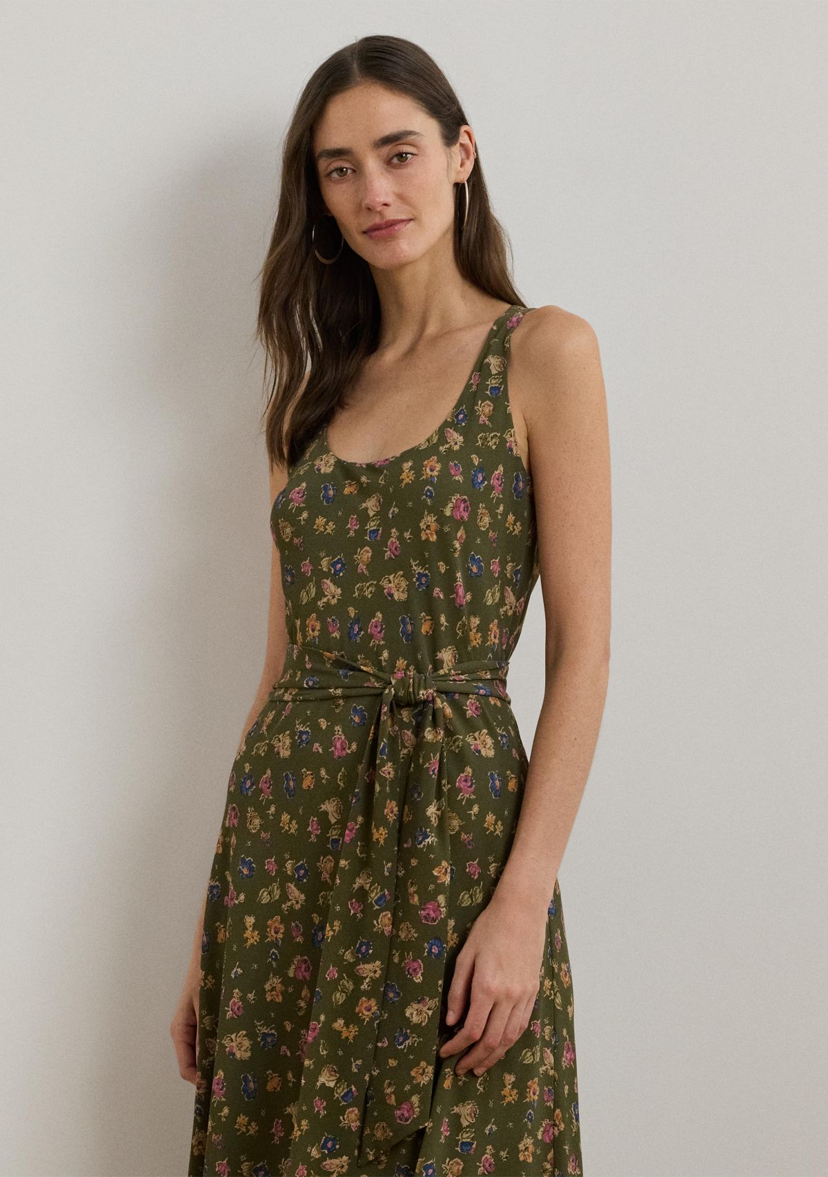 Womens Floral Belted Crepe Sleeveless Dress