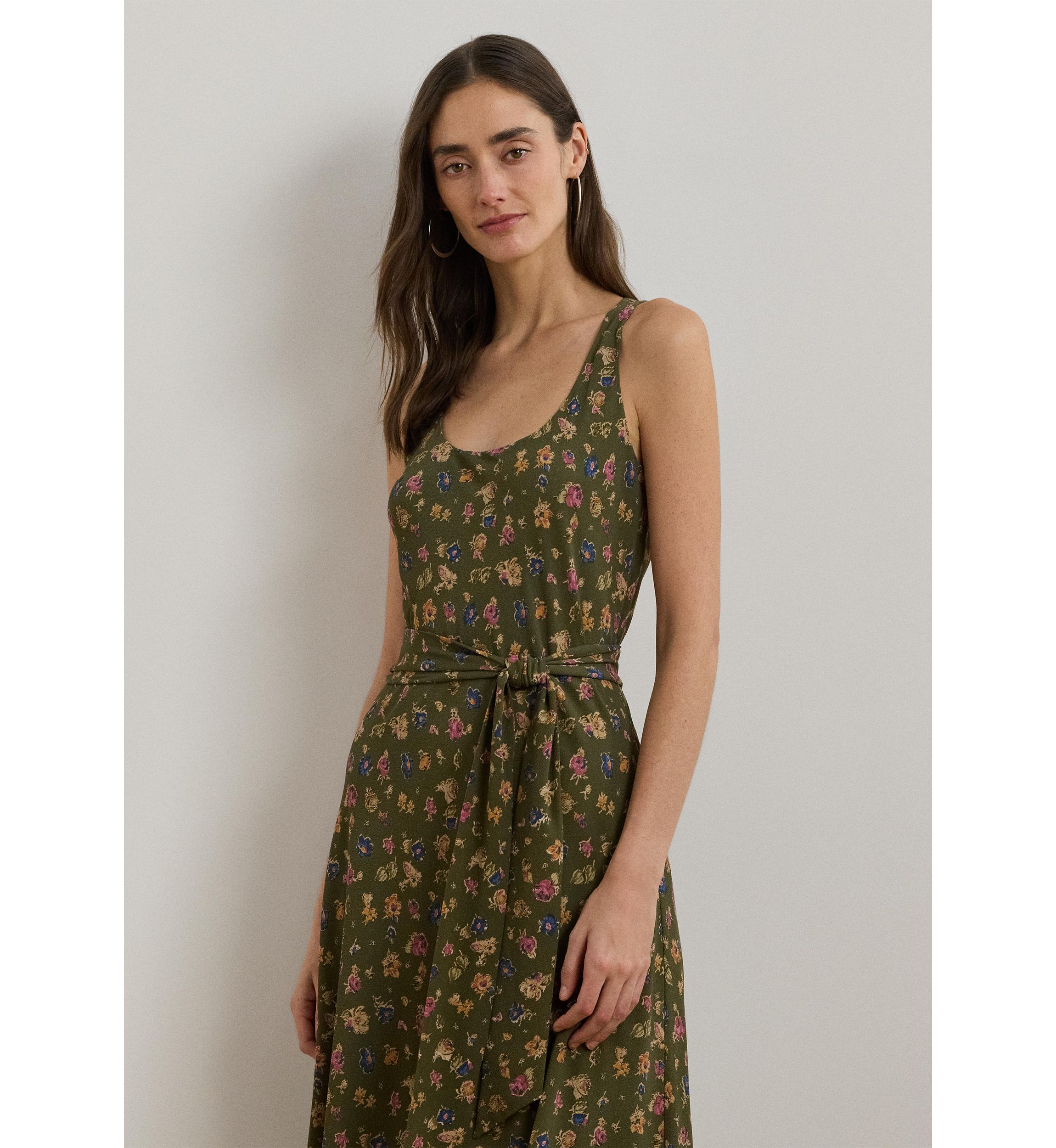 Womens Floral Belted Crepe Sleeveless Dress