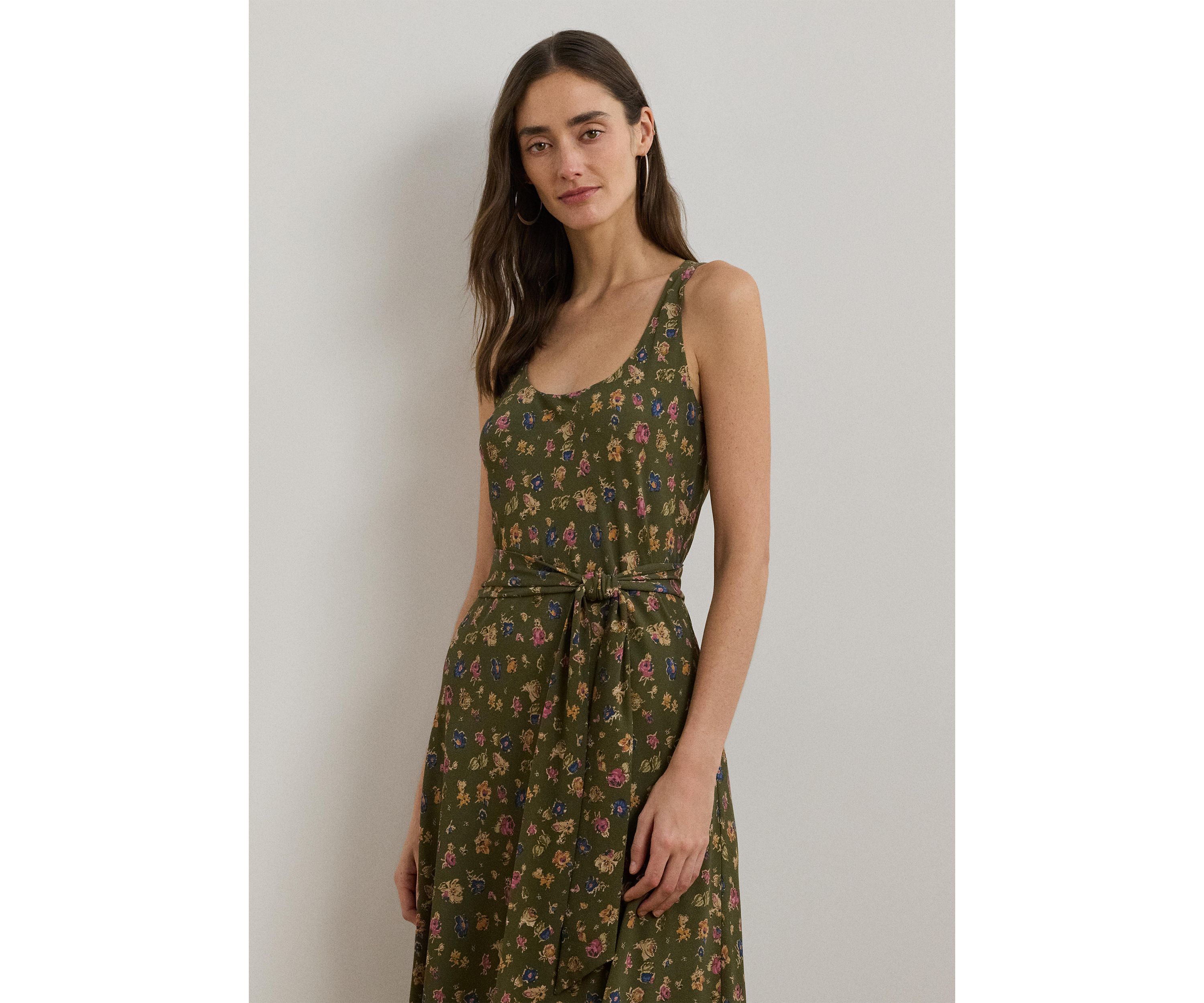 Womens Floral Belted Crepe Sleeveless Dress