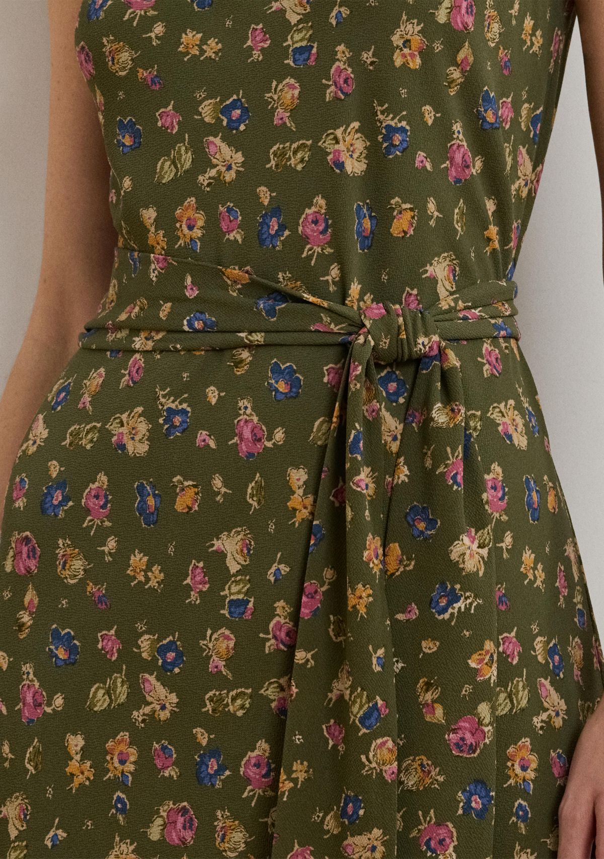 Womens Floral Belted Crepe Sleeveless Dress