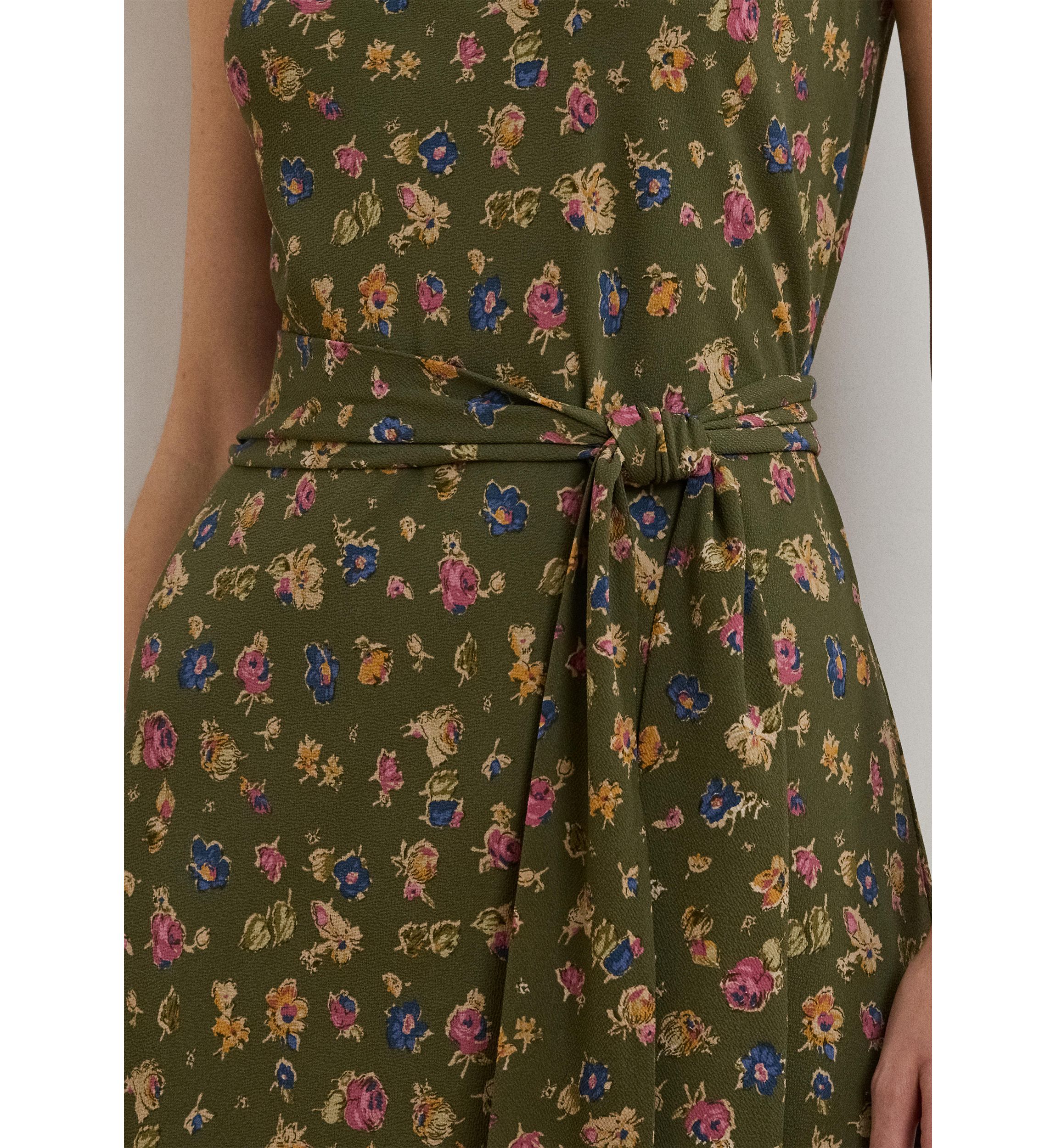 Womens Floral Belted Crepe Sleeveless Dress