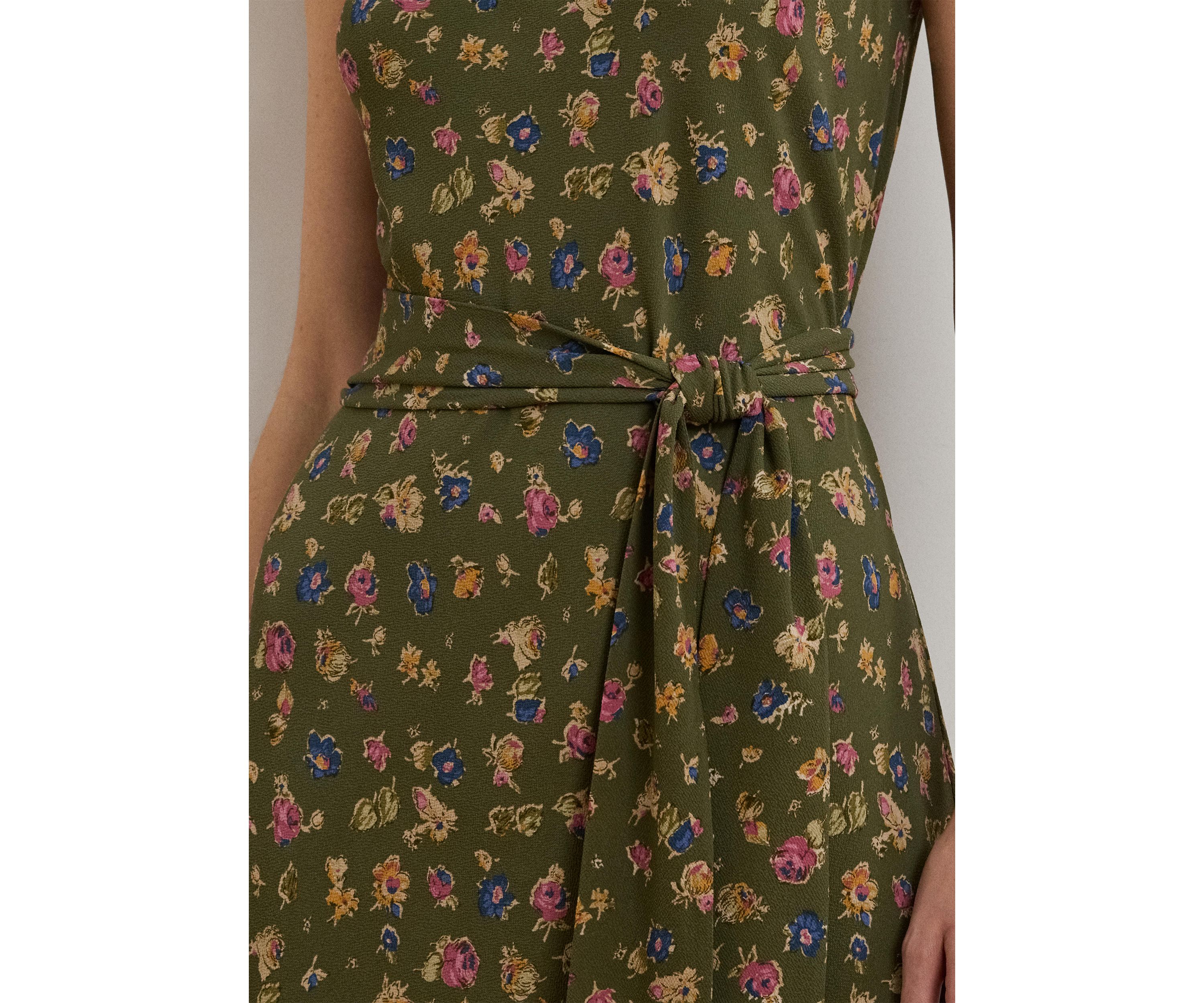 Womens Floral Belted Crepe Sleeveless Dress