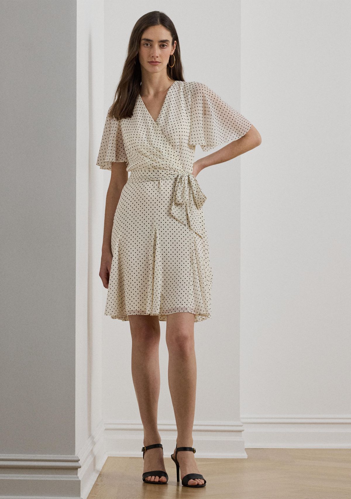 Polka Dot Georgette Surplice Dress