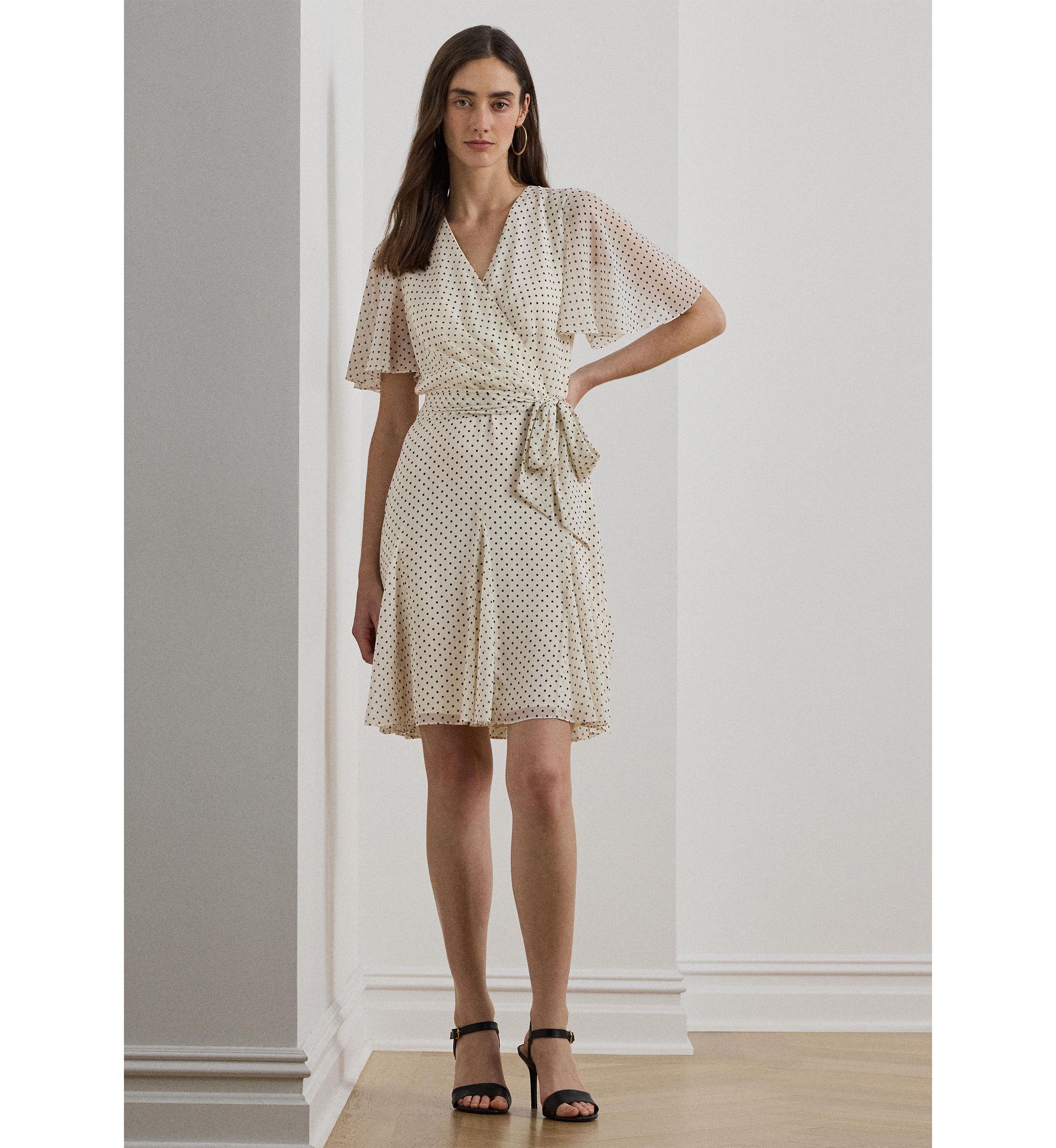 Polka Dot Georgette Surplice Dress