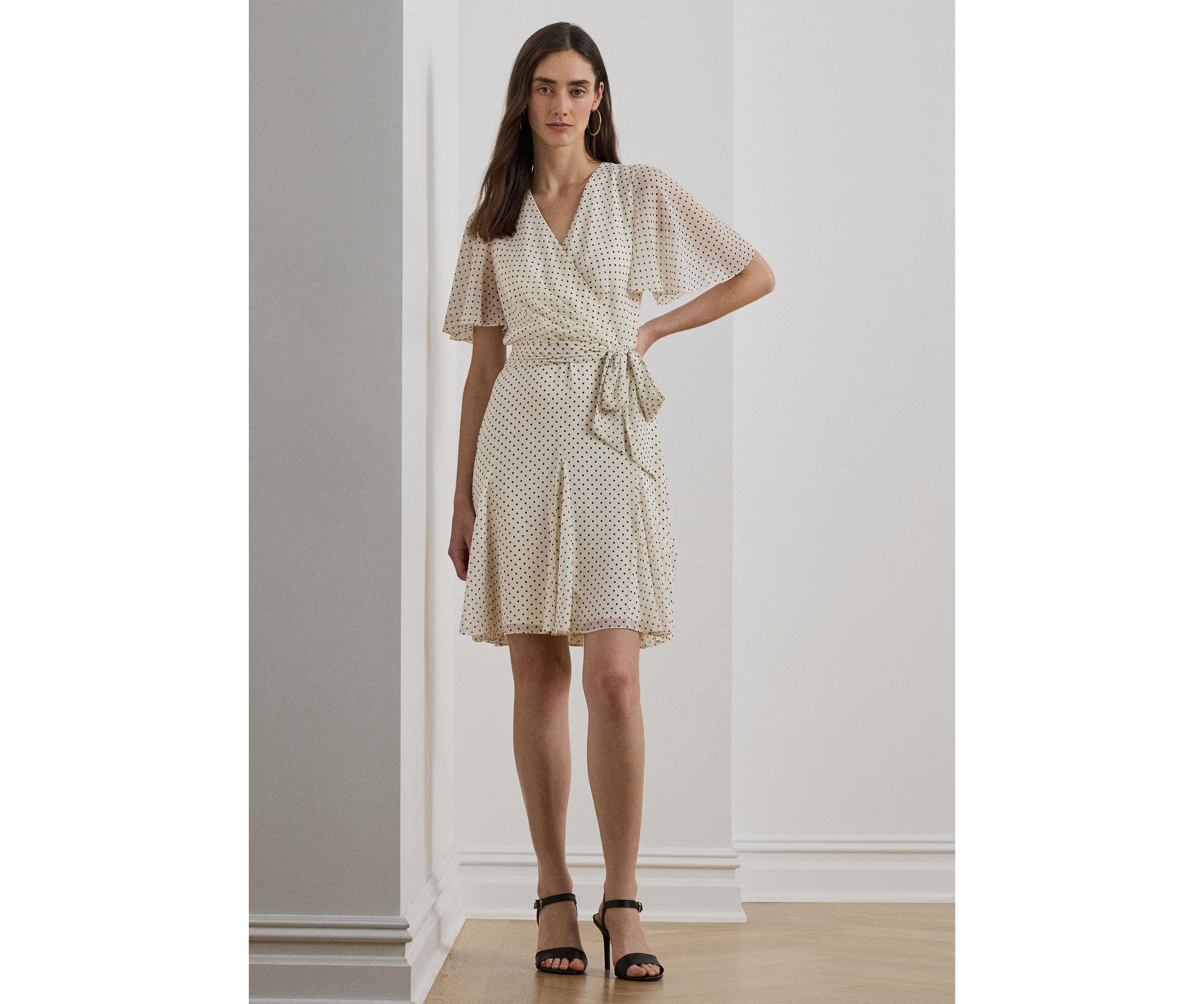 Polka Dot Georgette Surplice Dress