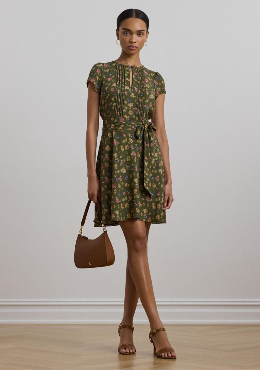 Womens Floral Belted Georgette Pintucked Dress