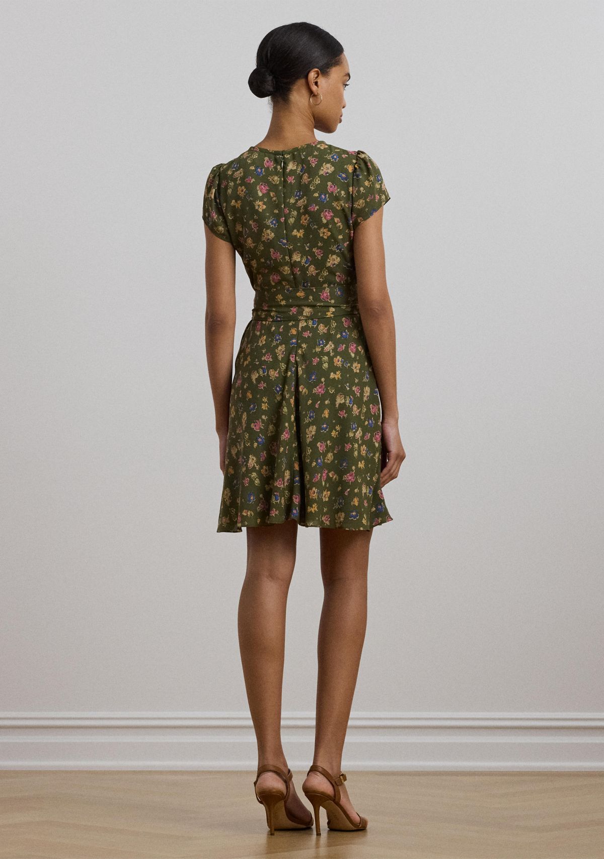 Womens Floral Belted Georgette Pintucked Dress