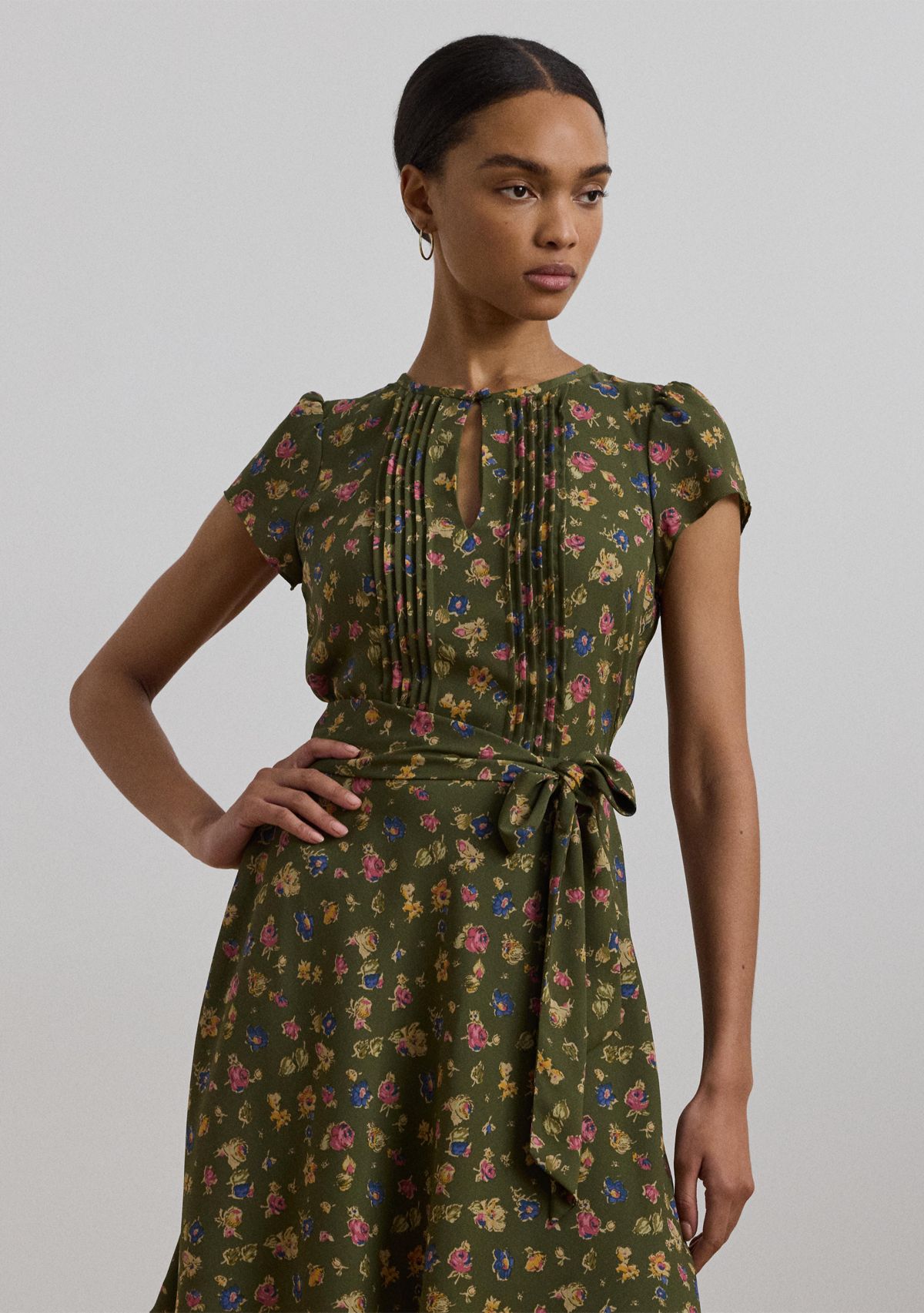 Womens Floral Belted Georgette Pintucked Dress