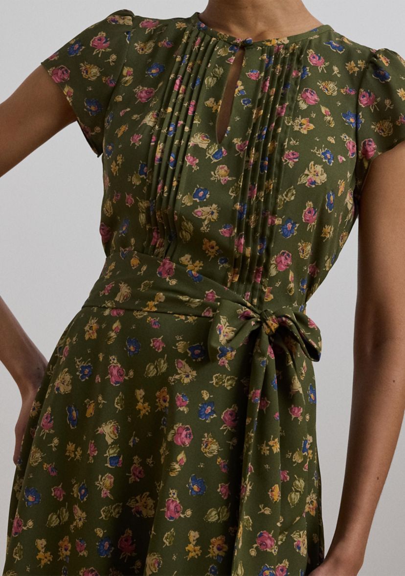 Womens Floral Belted Georgette Pintucked Dress