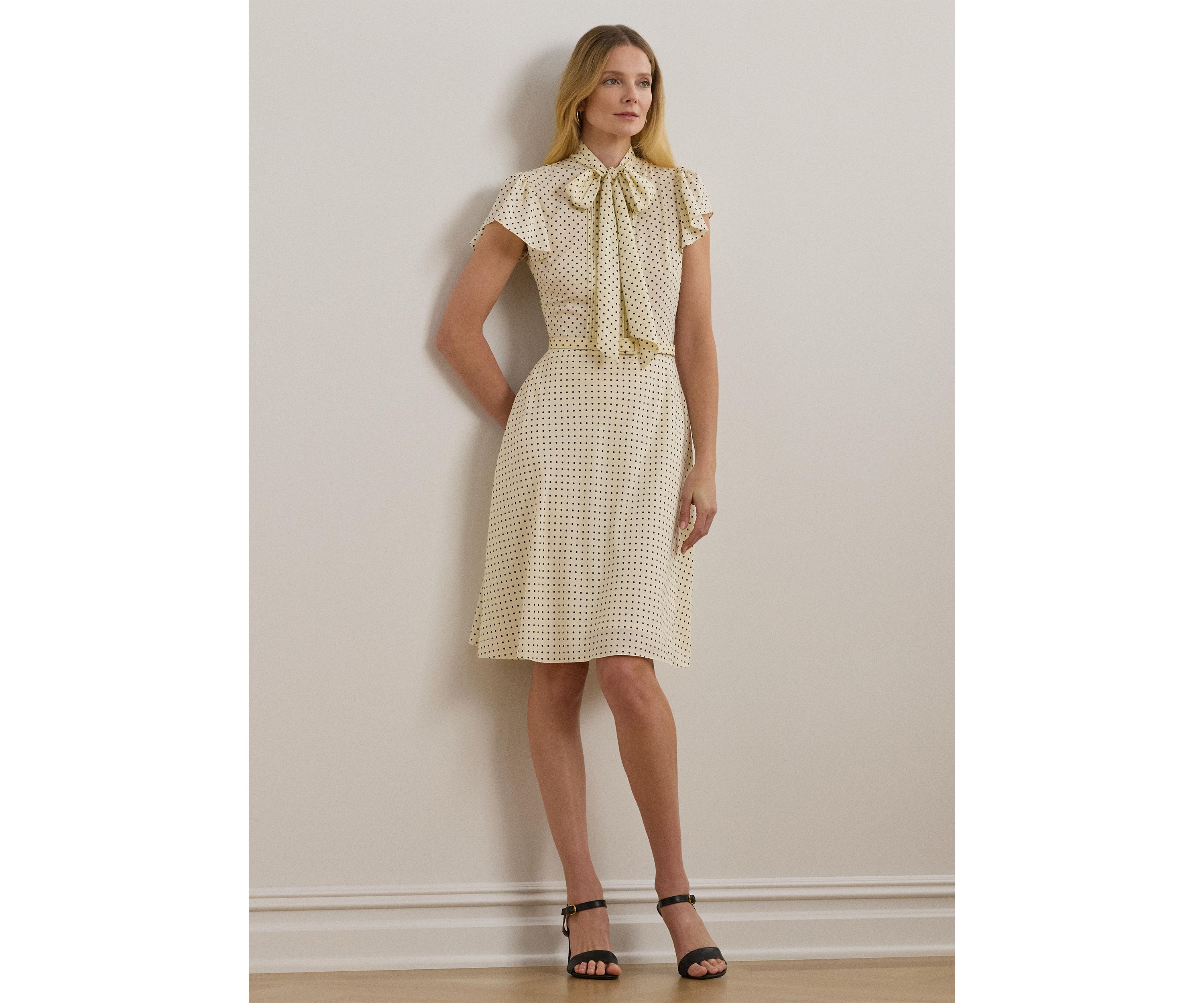 Polka Dot Belted Crepe Tie Neck Dress