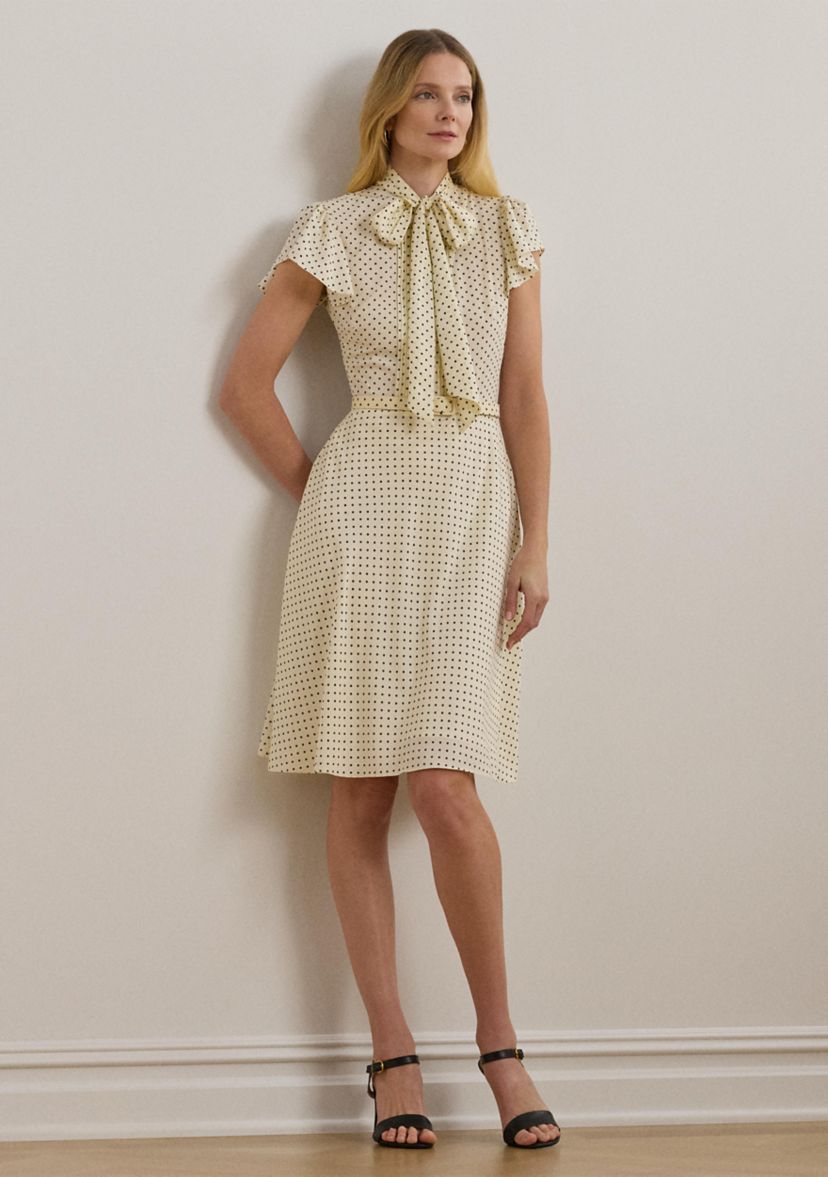 Polka Dot Belted Crepe Tie Neck Dress