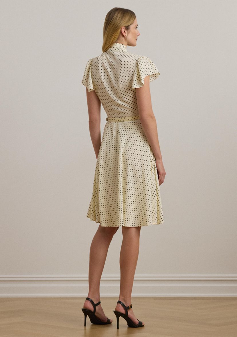 Polka Dot Belted Crepe Tie Neck Dress