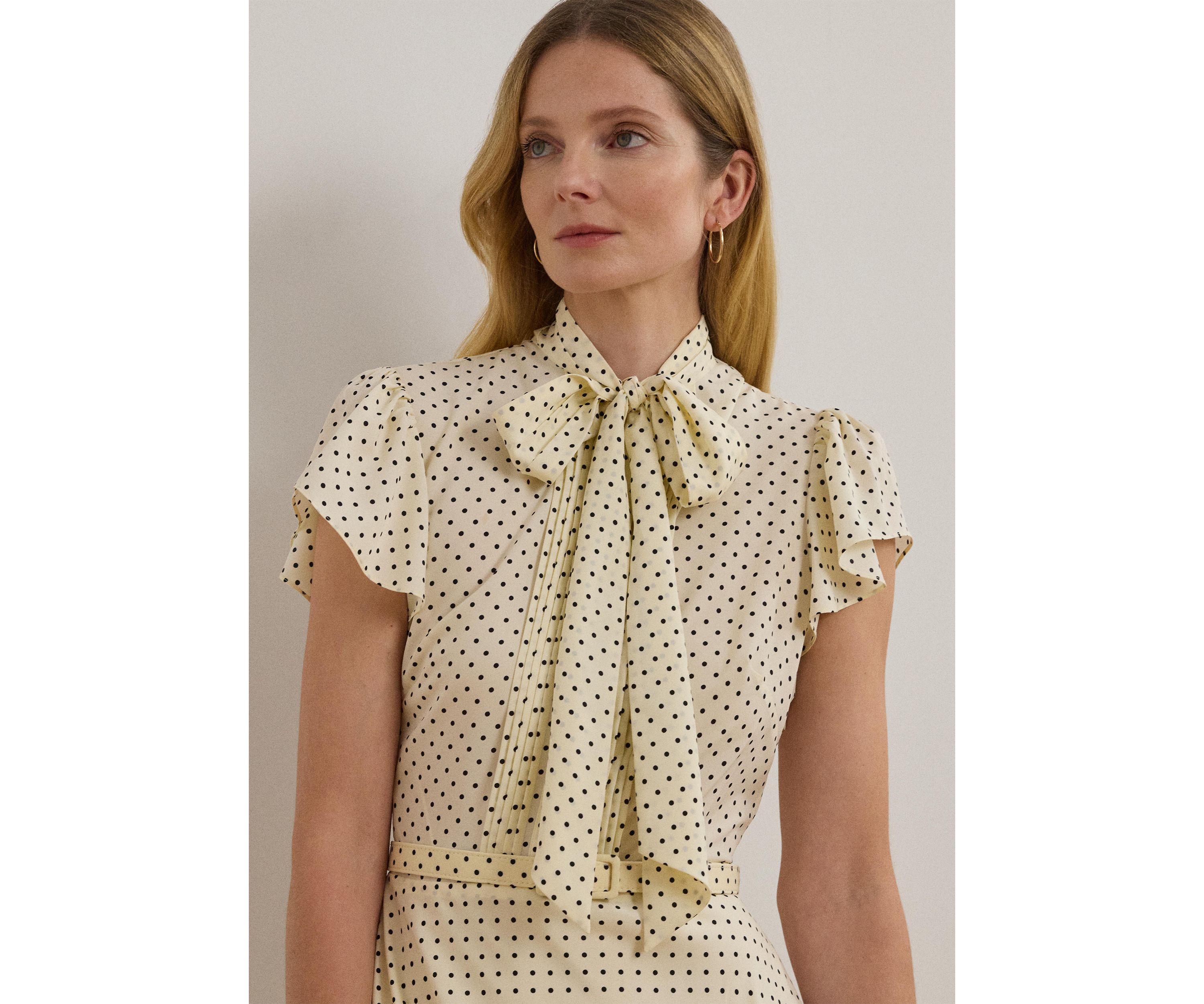 Polka Dot Belted Crepe Tie Neck Dress