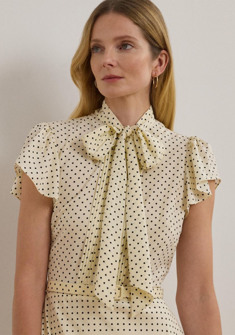 Polka Dot Belted Crepe Tie Neck Dress
