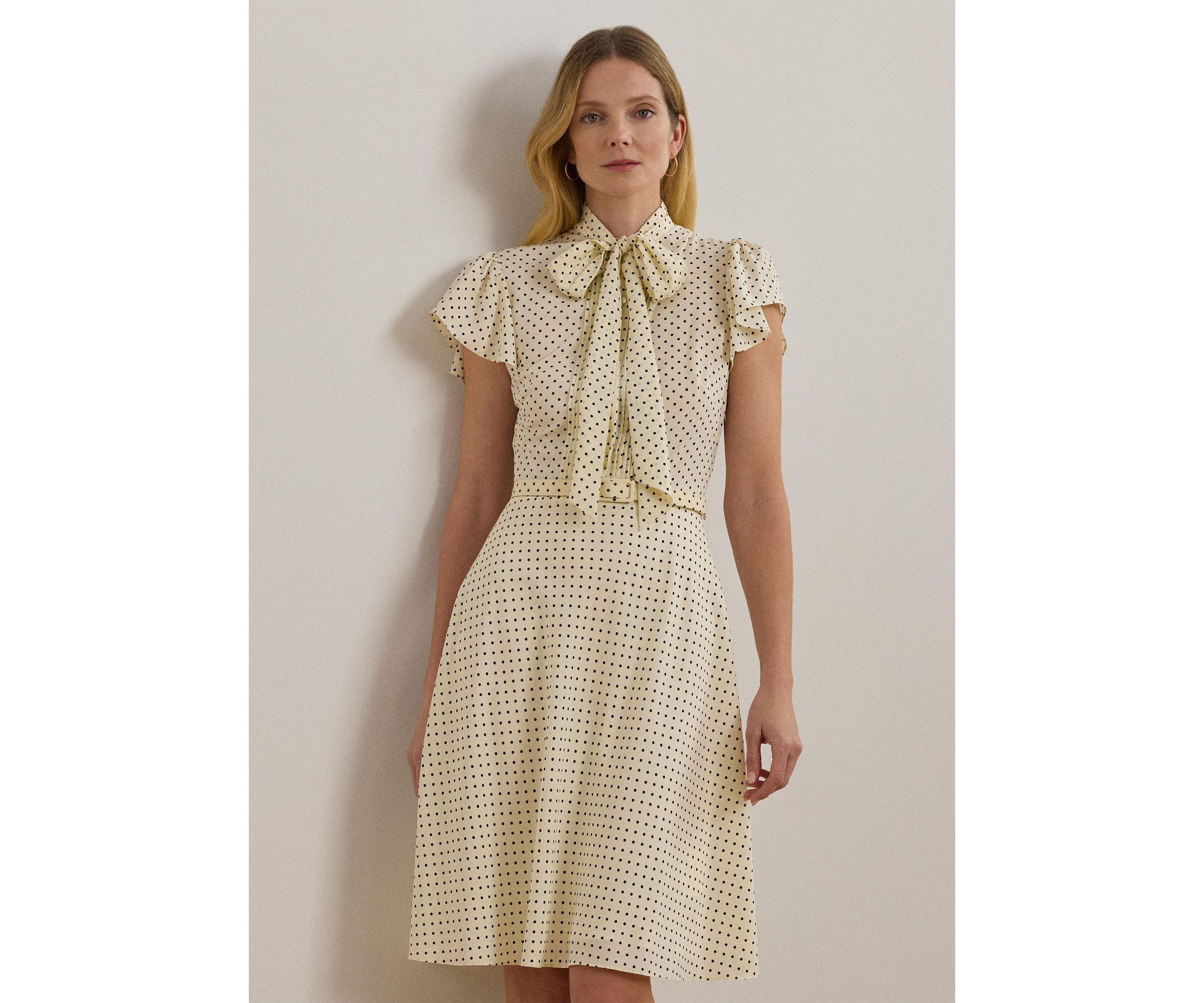 Polka Dot Belted Crepe Tie Neck Dress