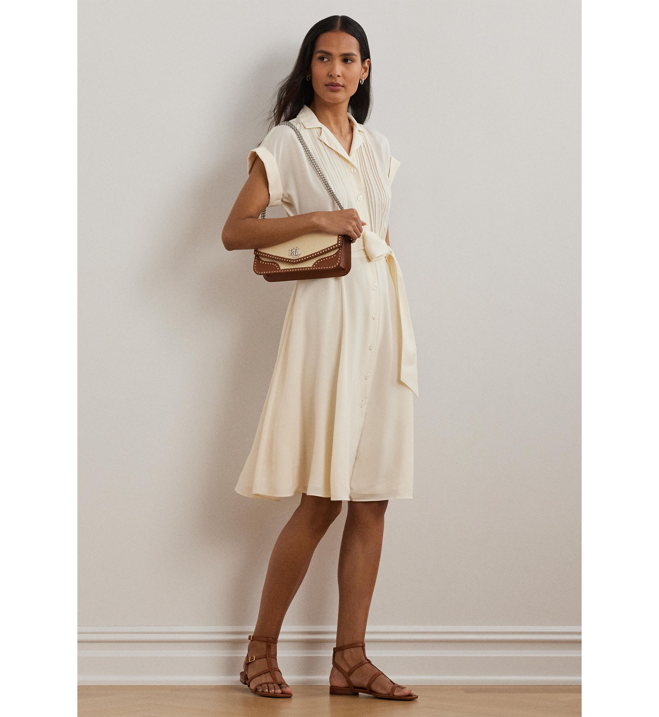 Belted Crepe Pintucked Shirtdress