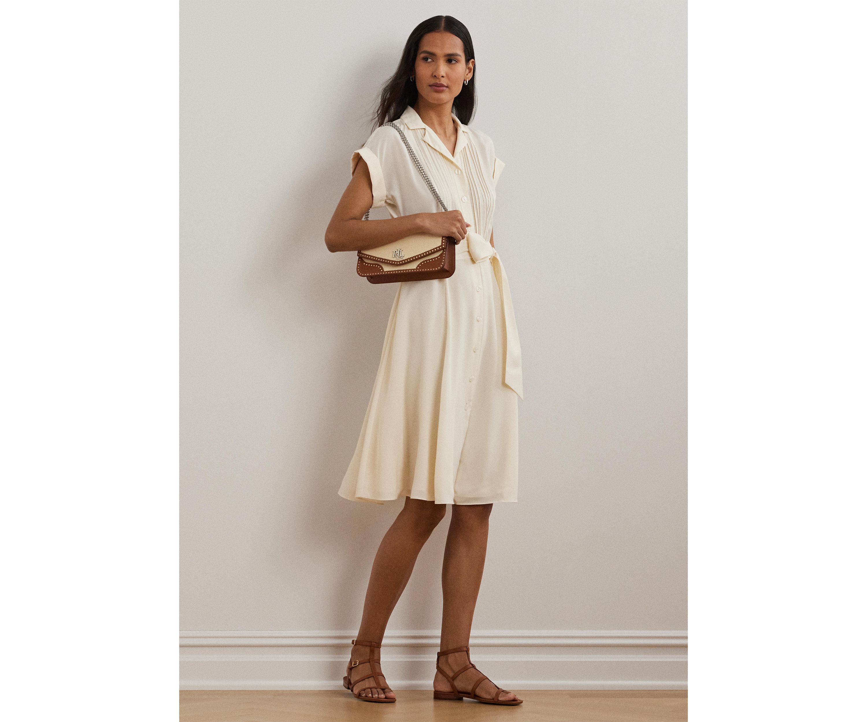 Belted Crepe Pintucked Shirtdress