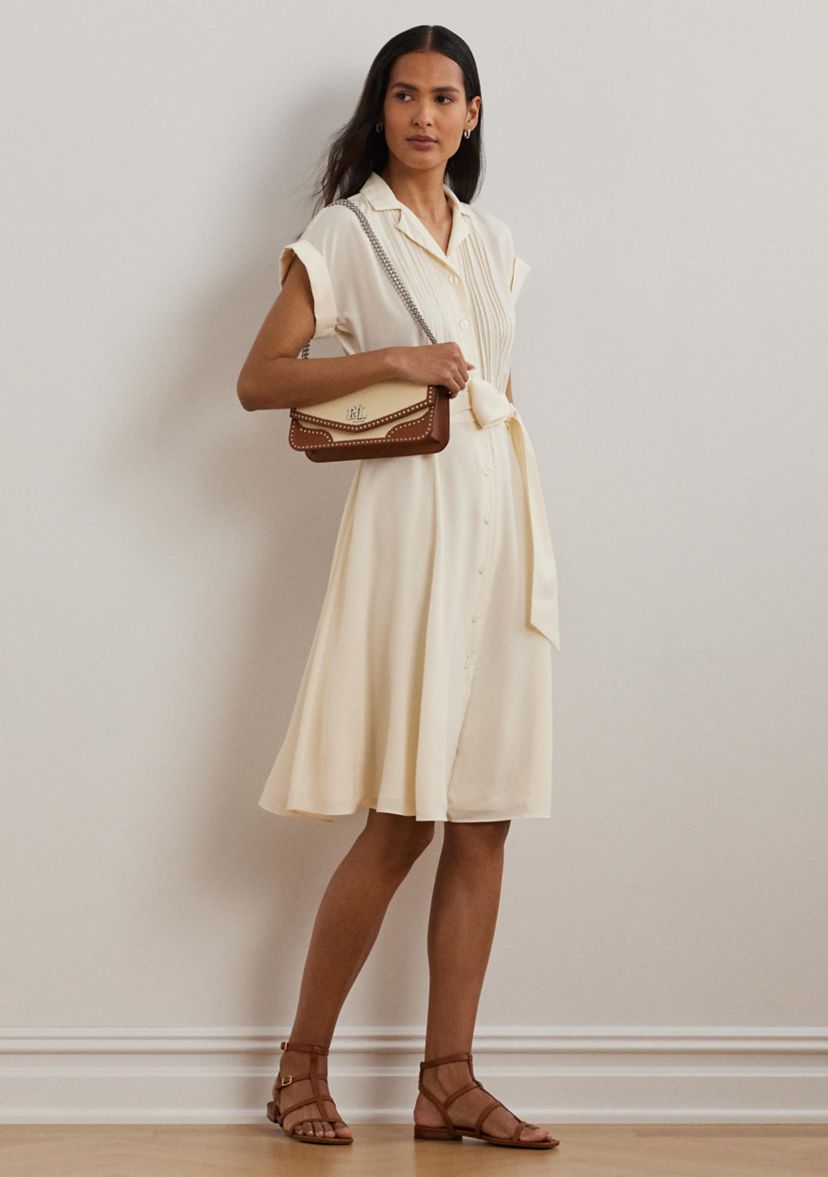 Belted Crepe Pintucked Shirtdress