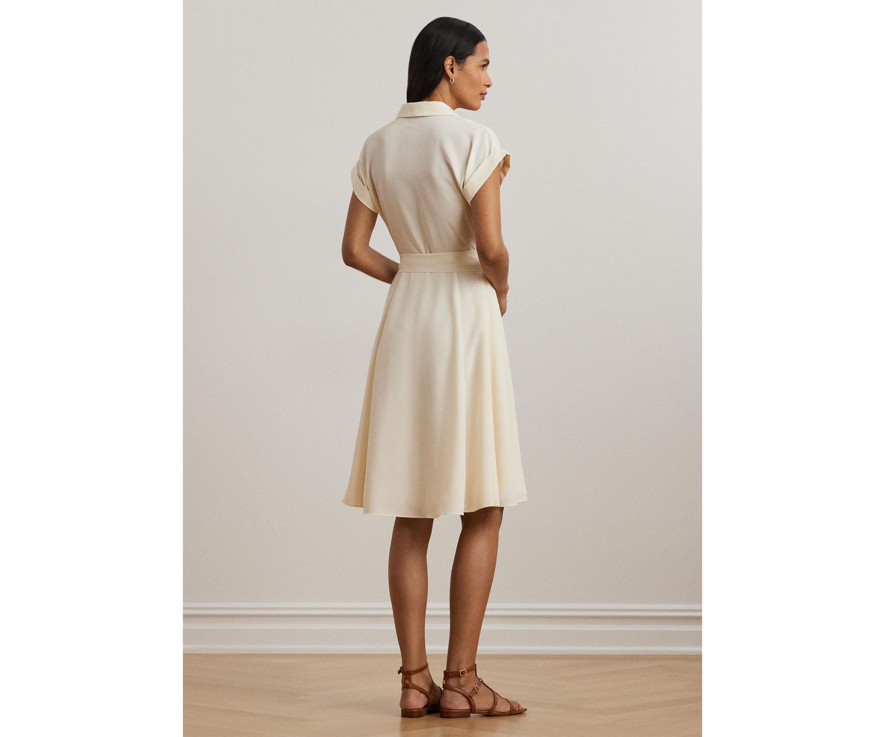Belted Crepe Pintucked Shirtdress
