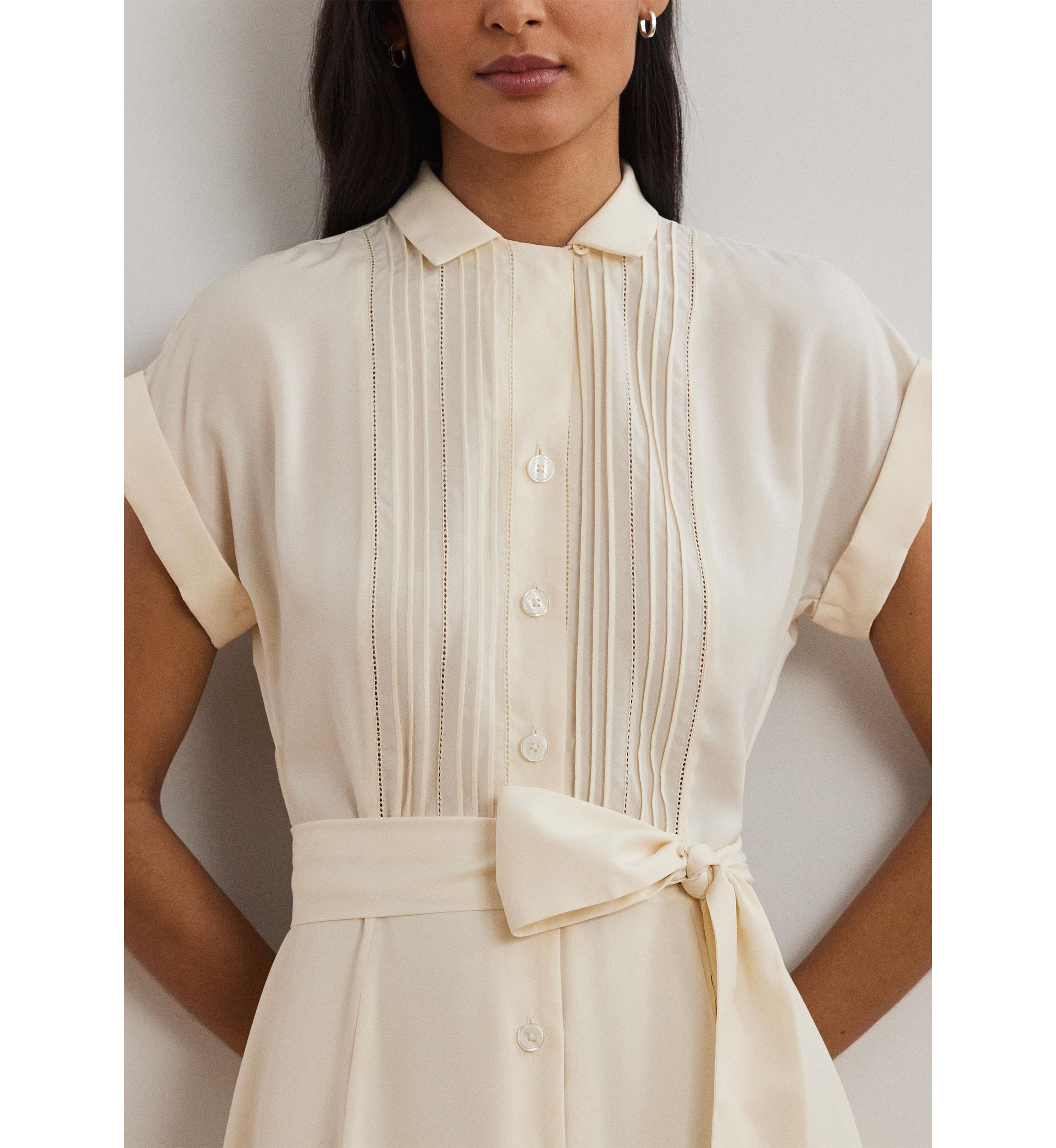 Belted Crepe Pintucked Shirtdress