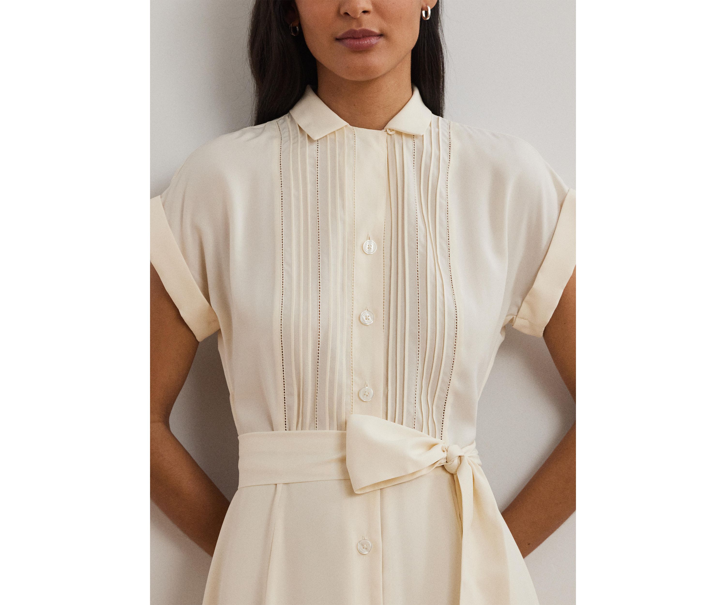 Belted Crepe Pintucked Shirtdress
