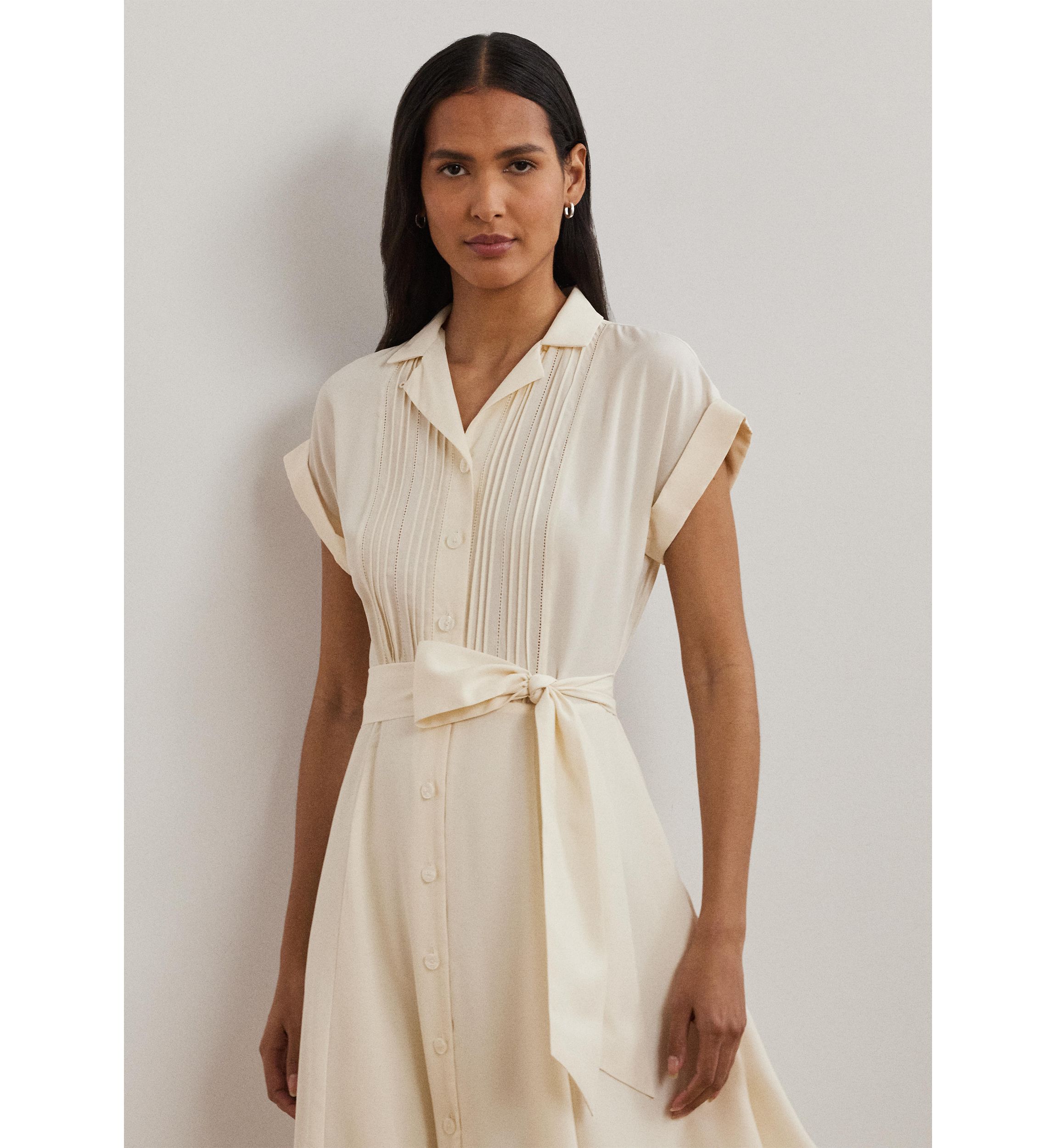 Belted Crepe Pintucked Shirtdress