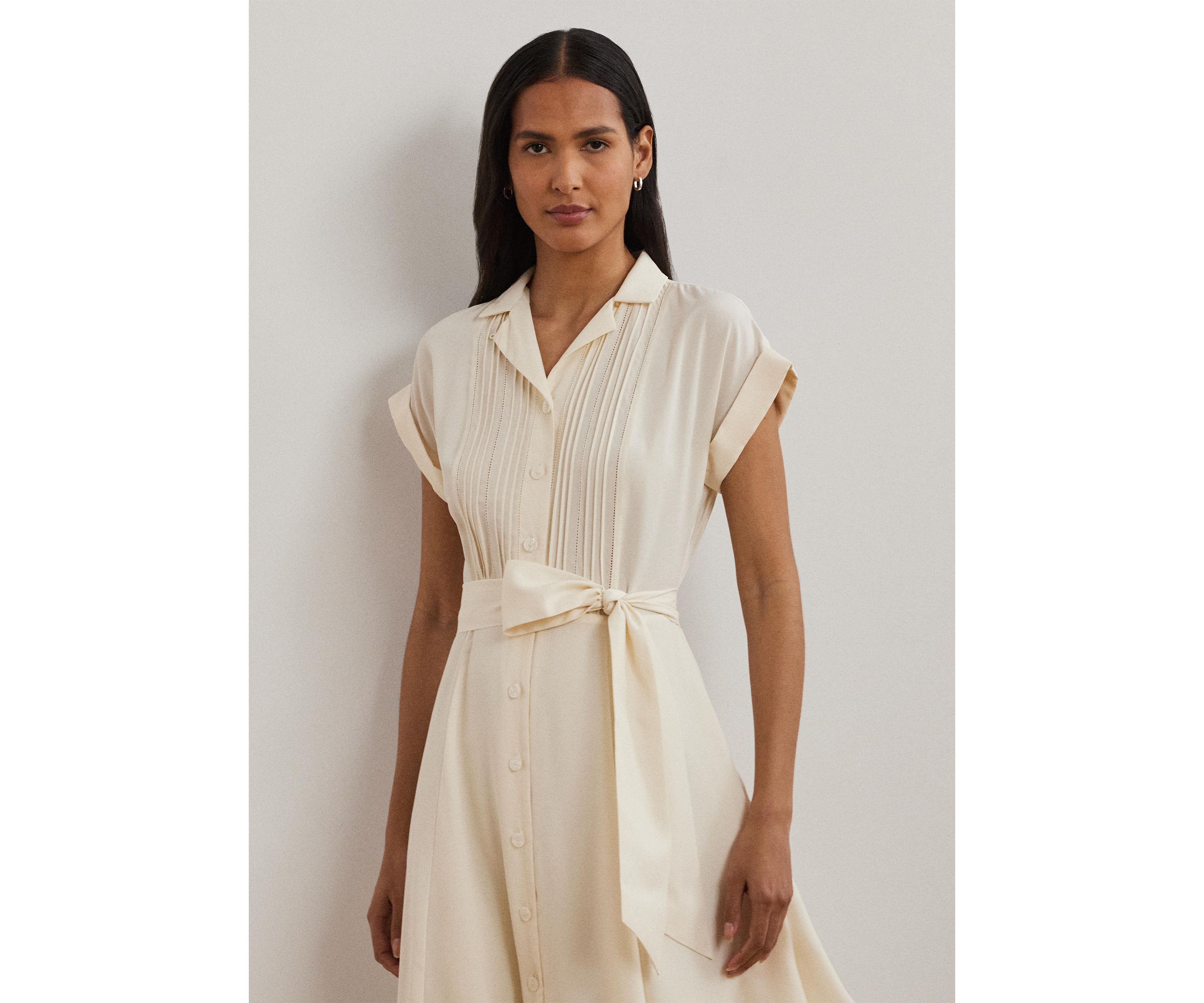 Belted Crepe Pintucked Shirtdress