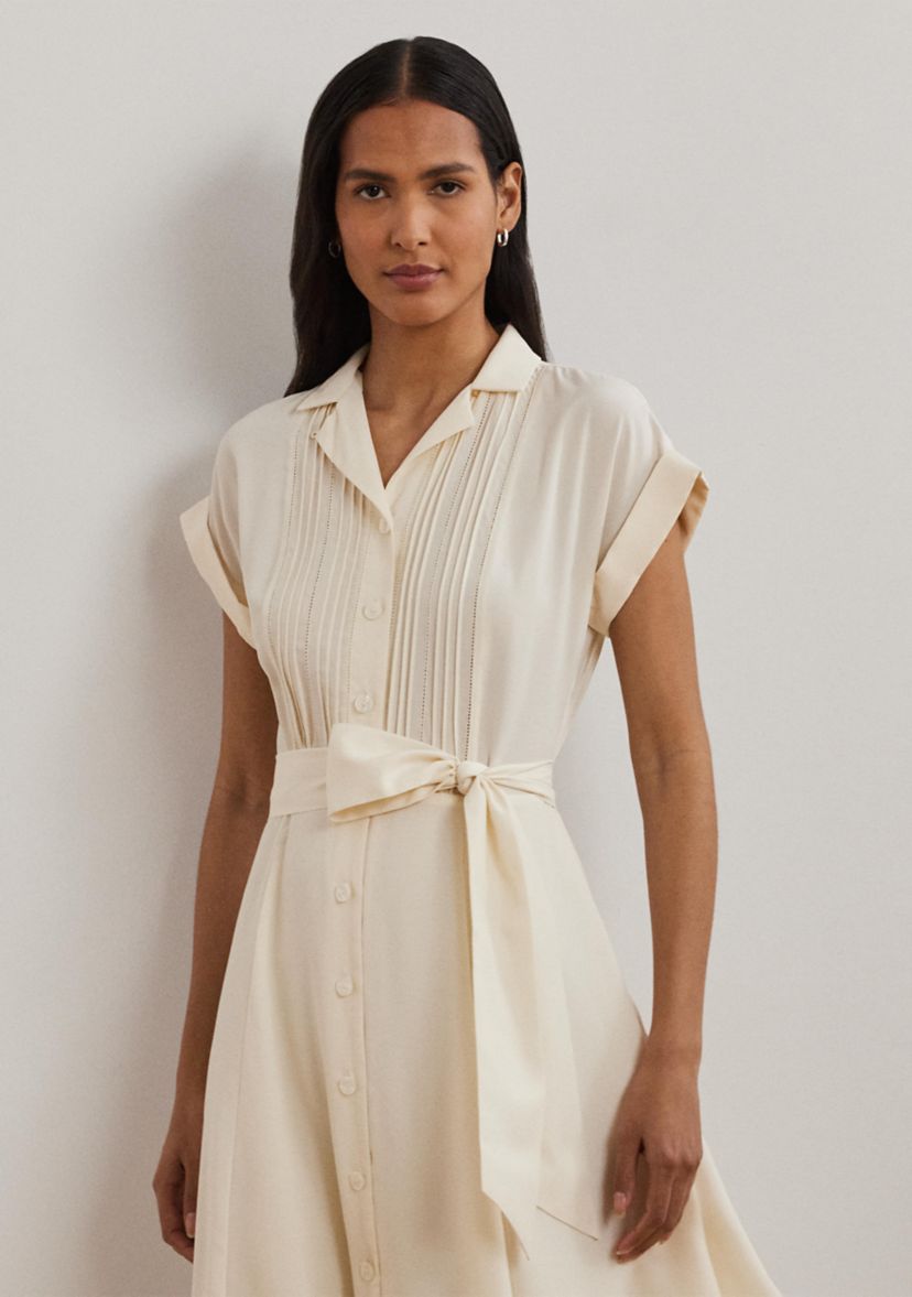 Belted Crepe Pintucked Shirtdress