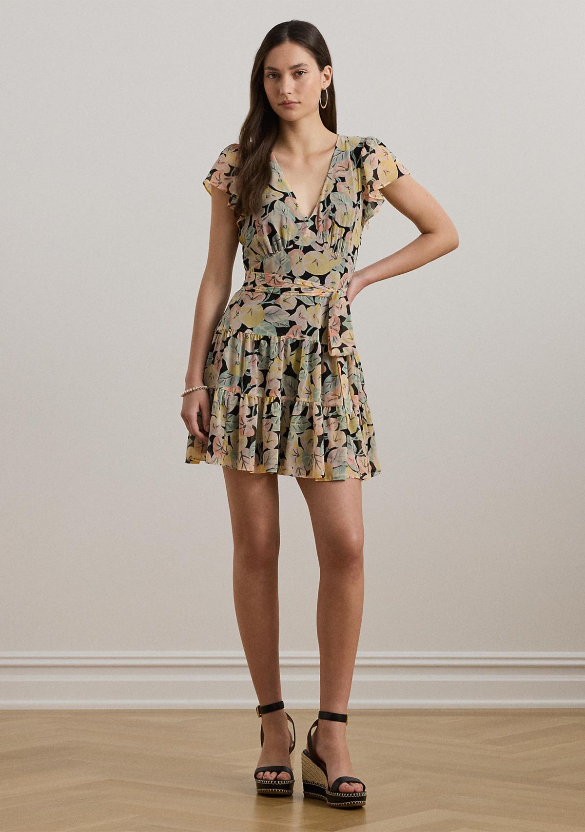 Floral Belted Georgette Tiered Dress